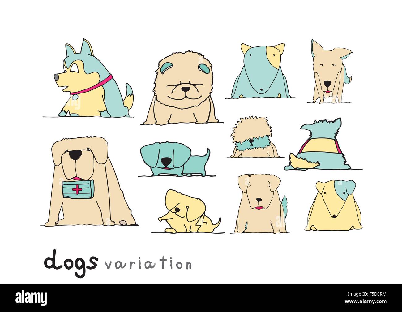 Hunde-Variation doodle Pastell Farbe auf weißem Hintergrund Stock Vektor