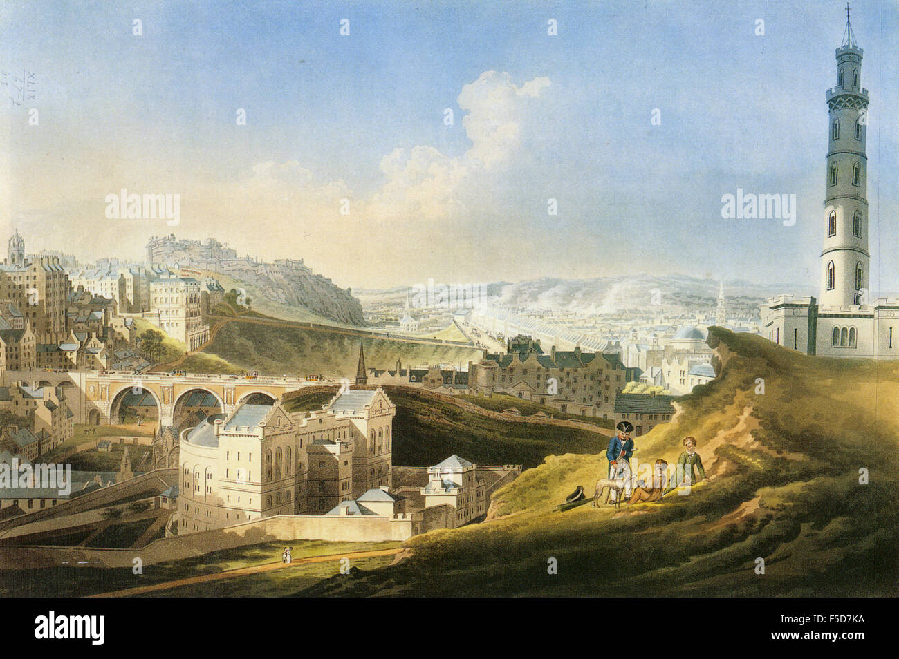 EDINBURGH von einem print 1810 mit dem Schloss in der Ferne auf der linken Seite Stockfoto