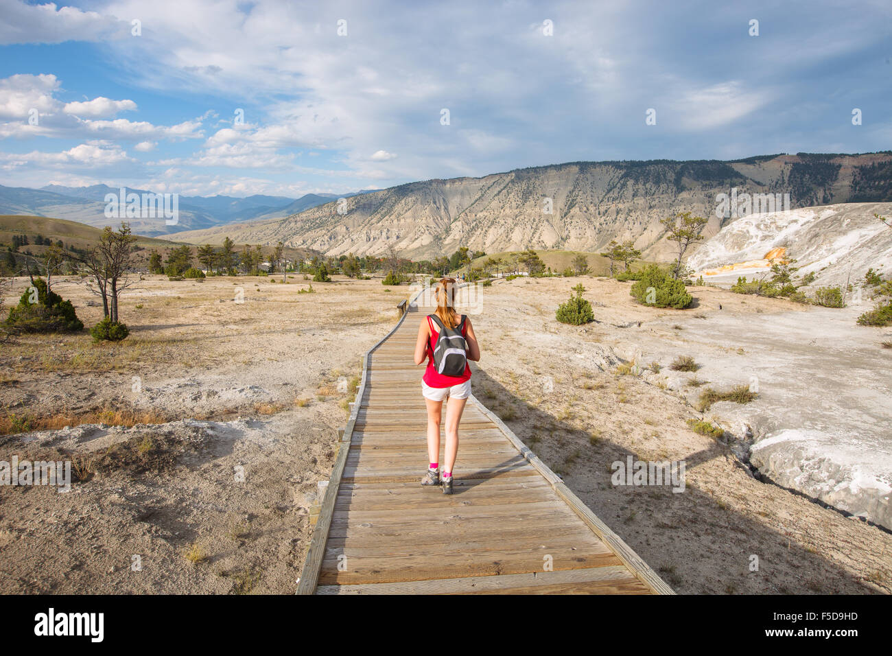 Eine junge Frau, die Erkundung der schönen Yellowstone-Nationalpark, Wyoming, Vereinigte Staaten von Amerika. Stockfoto