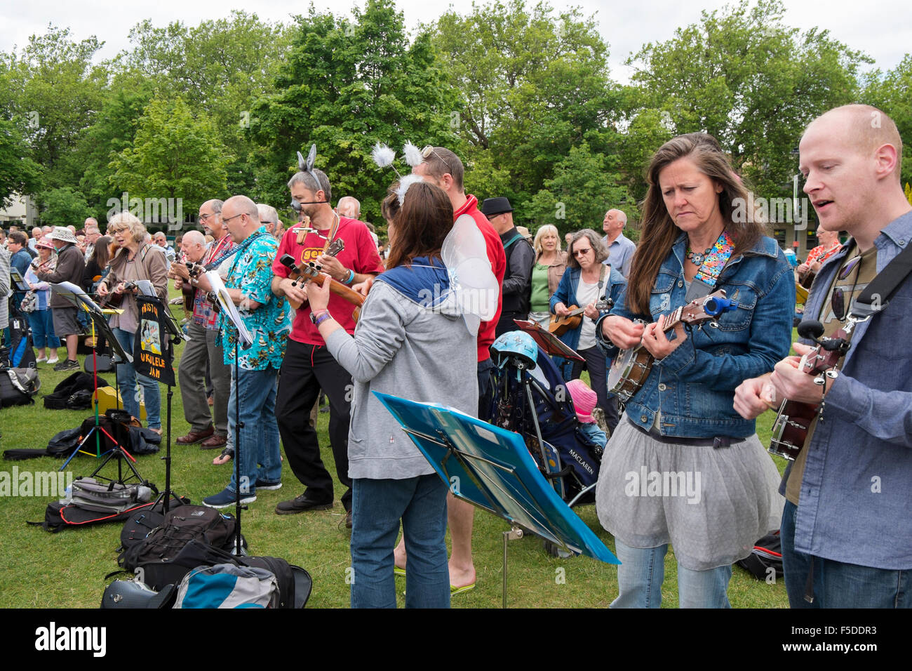 Menschen spielen Ukulelen an den grossen Busk, Teil der Ukulele Festival von Großbritannien in Cheltenham, Gloucestershire, Vereinigtes Königreich Stockfoto