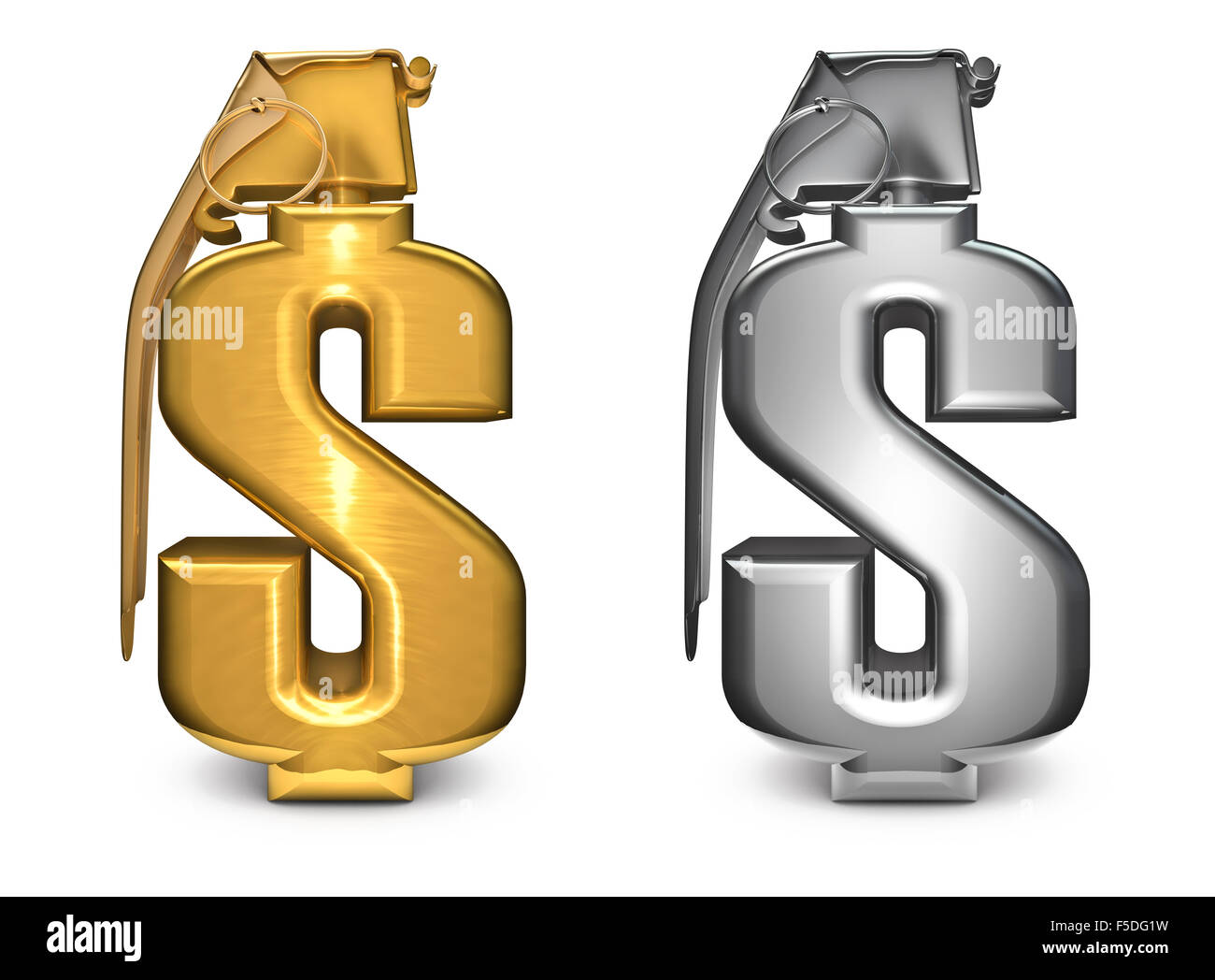 Dollar-Granate in gold und Silber / 3D Render-Dollar-Granate Stockfoto