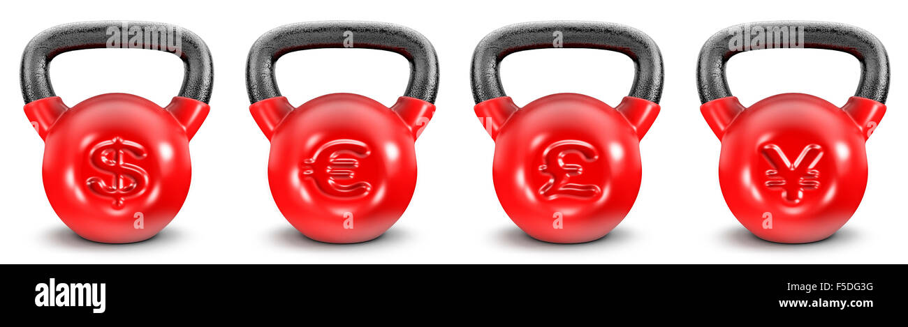 Kettlebell Währungen / 3D render von schweren Kettlebells mit Währungssymbole, leicht zu kolorieren Stockfoto