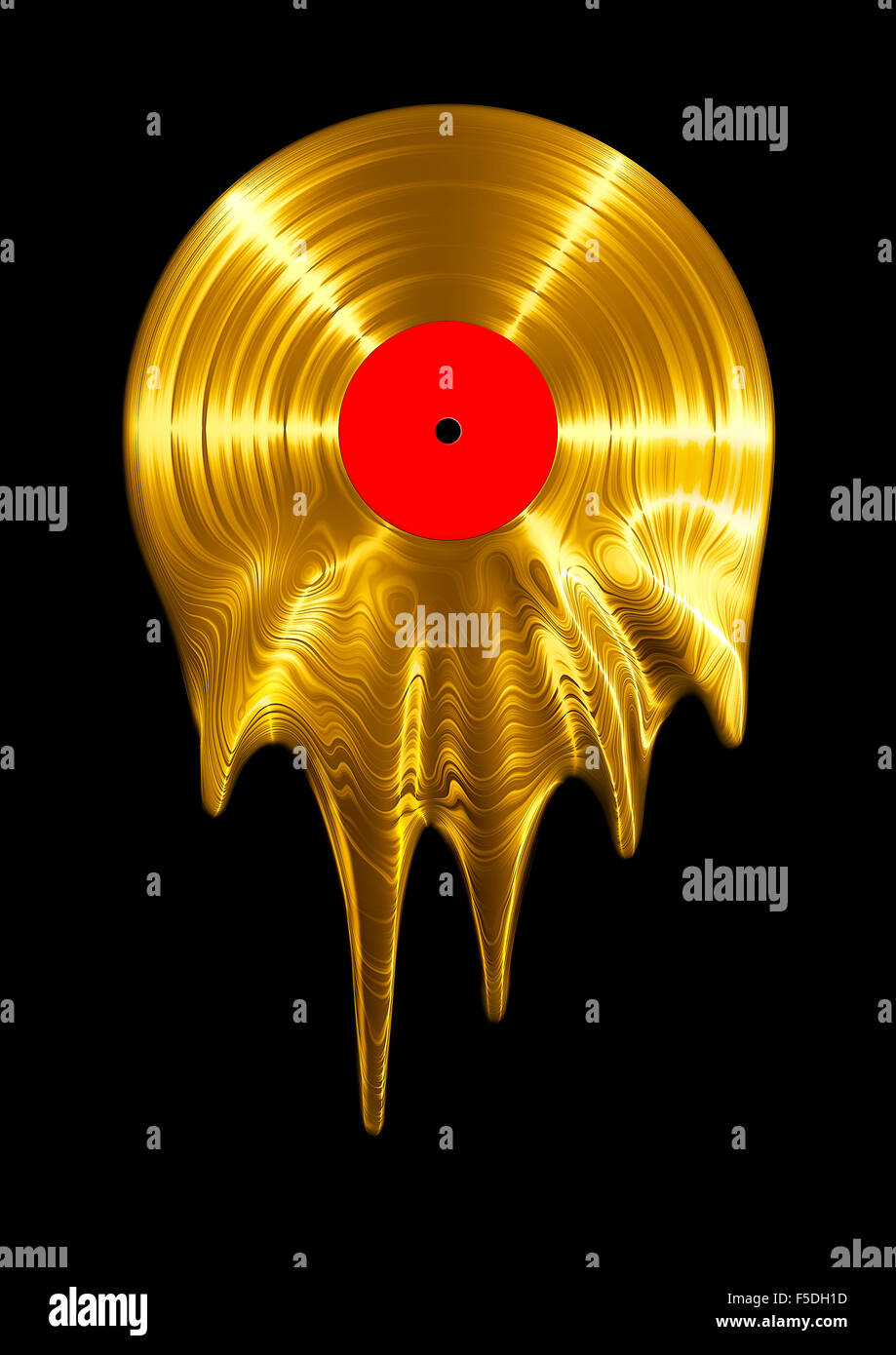Schmelzen von gold Vinyl Rendern Record / 3D Vinyl Record schmelzen Stockfoto