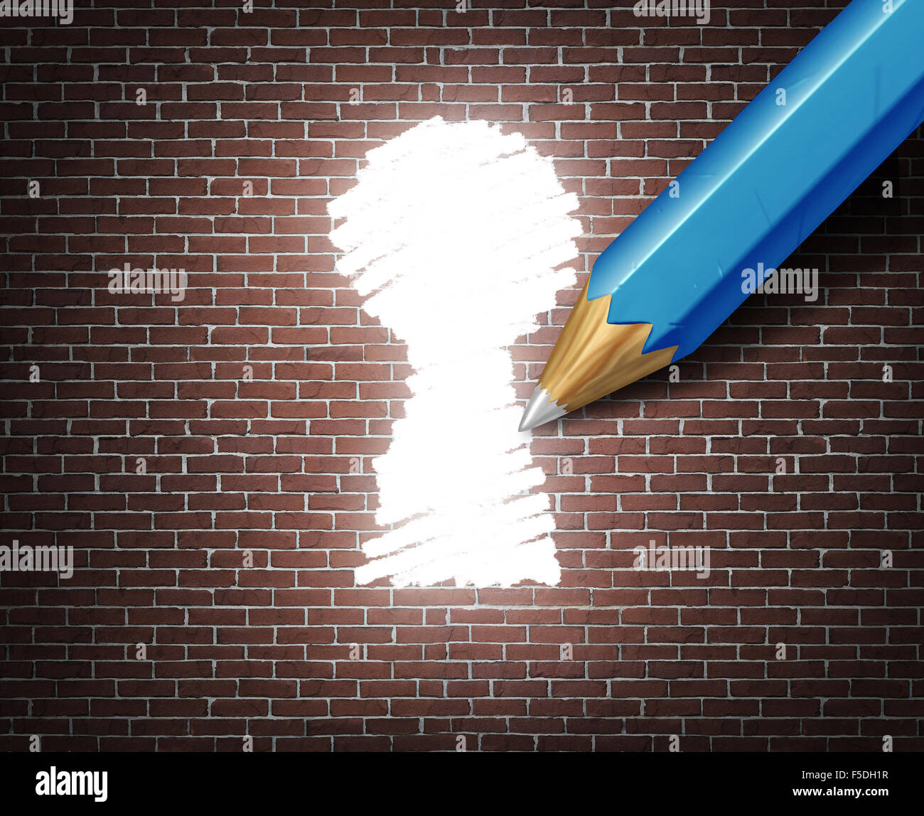Möglichkeit Idee Geschäftskonzept als weiße Spitzen Bleistift zeichnen einer Schlüsselloch-Form auf eine Mauer als Zugang zur Möglichkeit Metapher für die Suche nach einem Weg zum geschäftlichen Erfolg durch kreative Ideen. Stockfoto