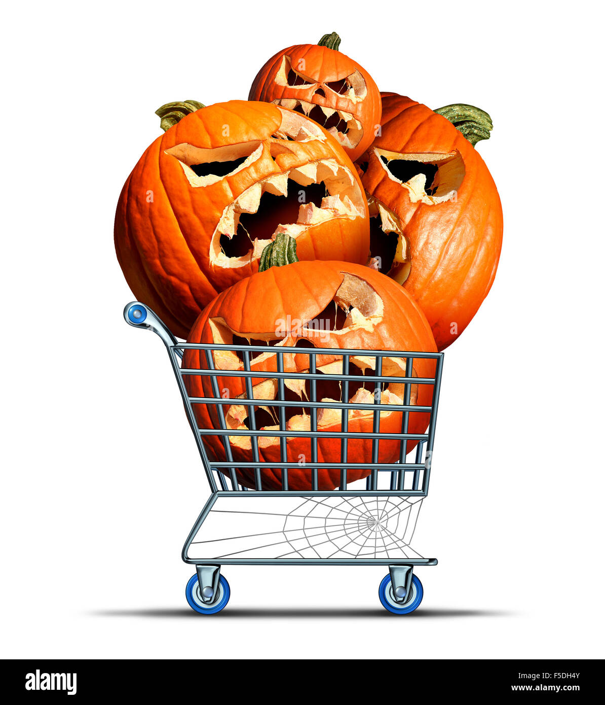Halloween shopping Konzept und Herbst Saisongeschäft kaufen Symbol als ein Warenkorb mit einer Gruppe von Jack-o-Laterne Kürbisse innen auf einem weißen Hintergrund. Stockfoto
