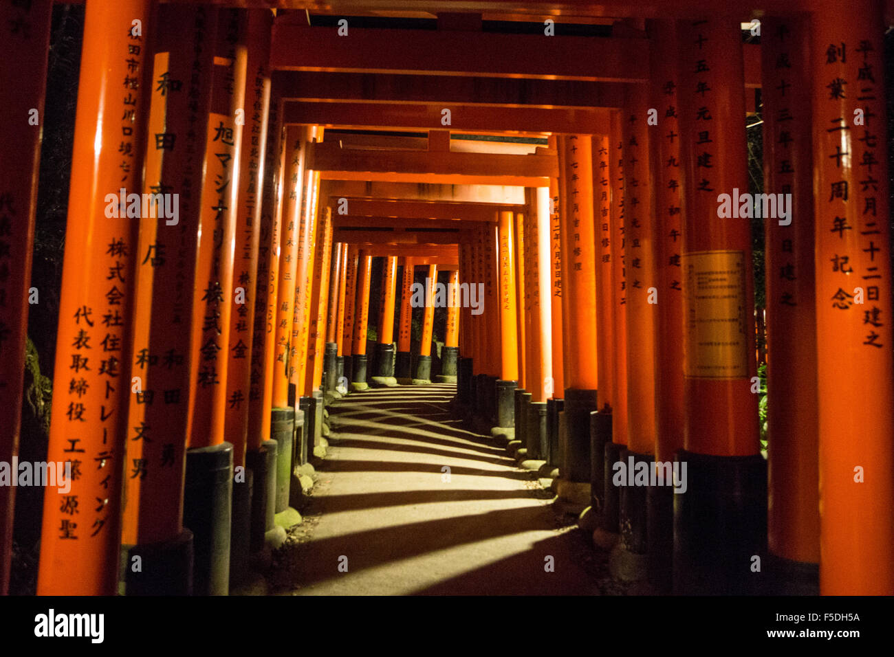 Blick bei Nacht durch schattige Torii im Fushimi Inari Schrein Kyoto-japan Stockfoto