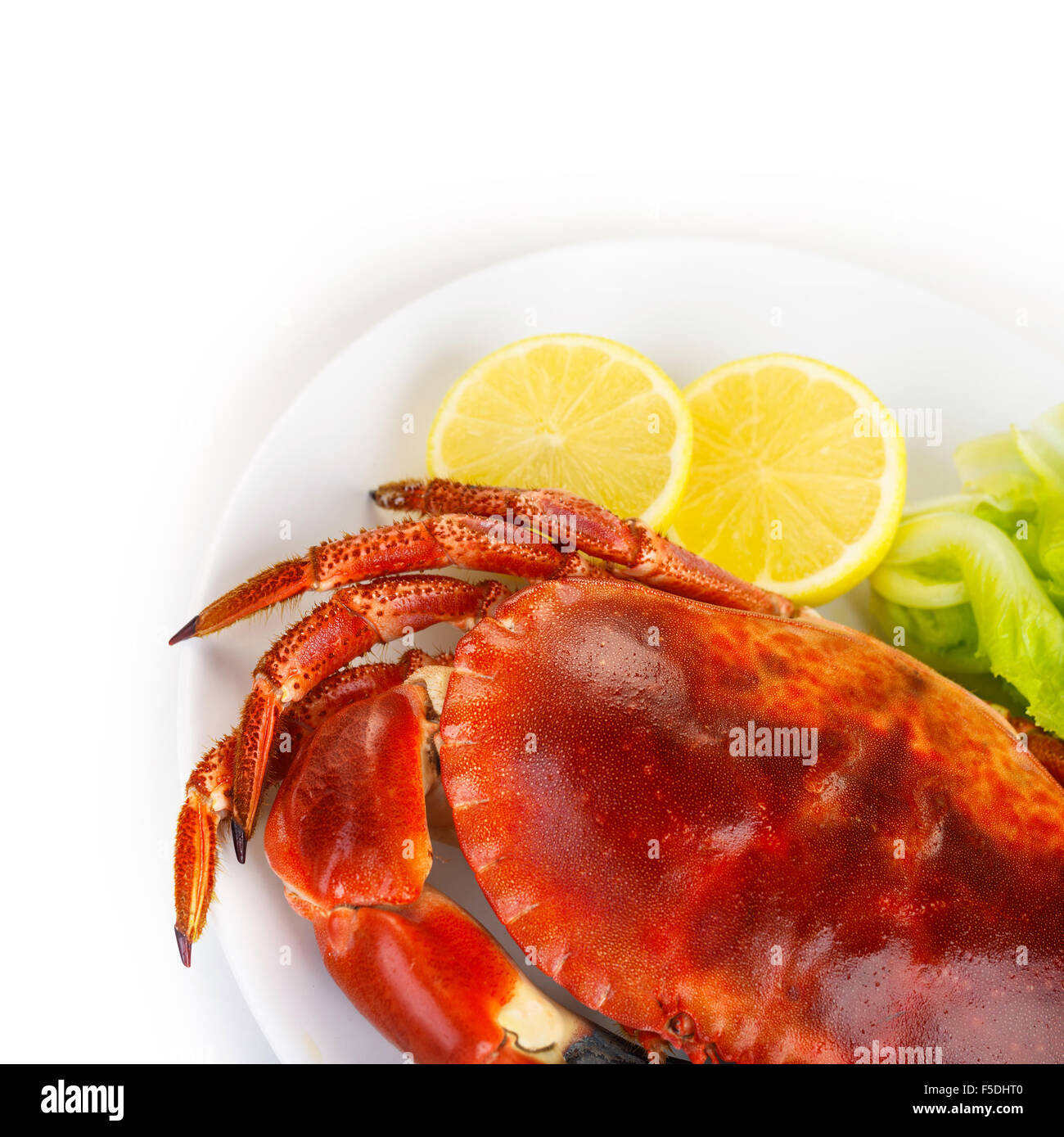 Rot schmackhaft gekochte Krabben mit frischem grünen Salat Salat und Zitrone isoliert auf weißem Hintergrund, köstliche Meeresfrüchte Stockfoto