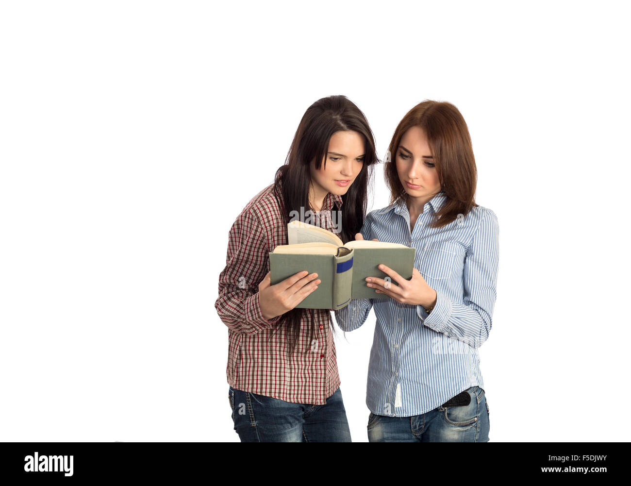 Junge Frauen lesen Buch auf weißem Hintergrund Stockfoto