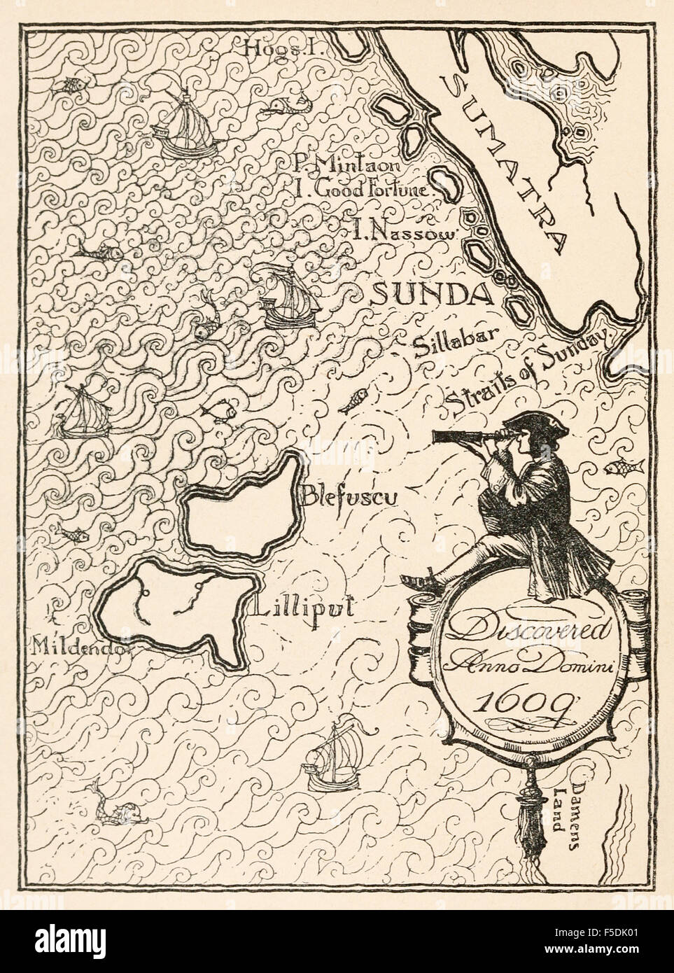 "Karte von Lilliput" aus "Gullivers Reisen in Lilliput und Brobdingnag" von Jonathan Swift (1667-1745), Illustration von Percy Angelo Staynes (1879-1953). Siehe Beschreibung für mehr Informationen. Stockfoto