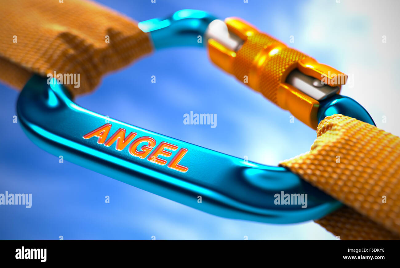 Engel auf blauen Karabiner mit einem Orange Seile. Stockfoto