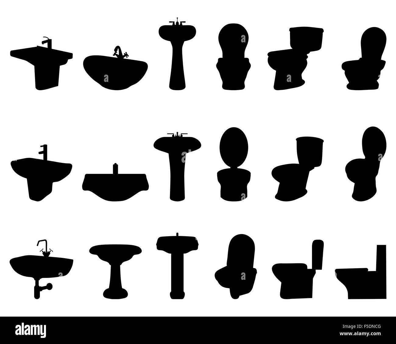 Schwarze Silhouetten von Waschbecken und Toilette, Vektor Stockfoto