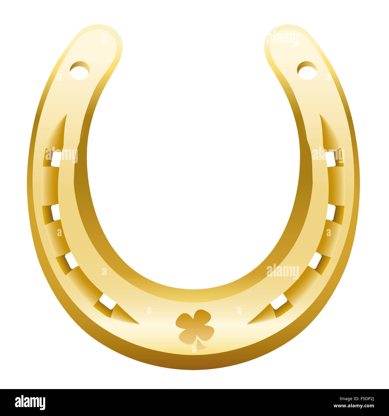 Goldene Hufeisen mit Kleeblatt Symbol. Abbildung auf weißem Hintergrund. Stockfoto