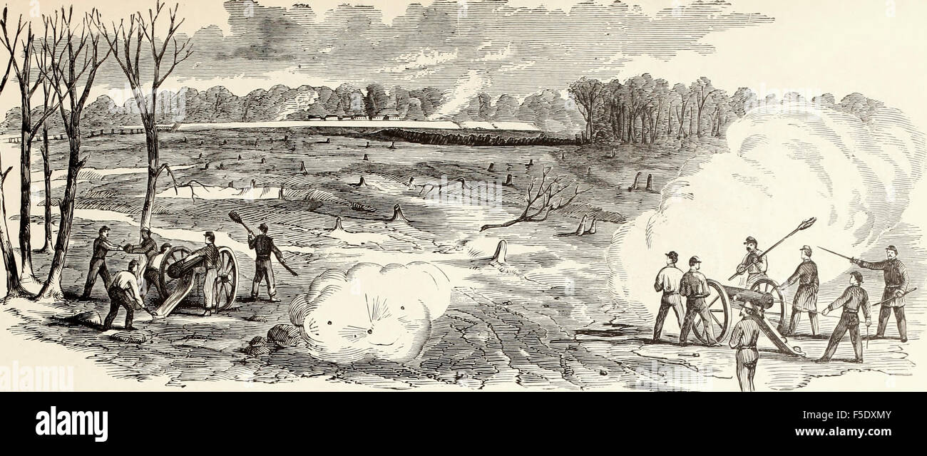 Martins Massachusetts Batterie C eröffnete das Feuer auf die Konföderierten Befestigungen Kommandeur des Ansatzes für die Yorktown, 5. April 1862 Stockfoto