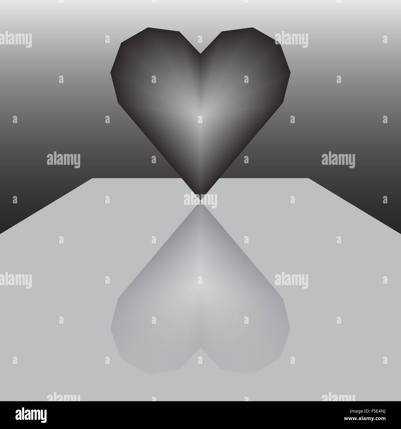Moderne 3d Herz Symbol auf glänzende Oberfläche oder Tisch mit Reflexion. Abstrakte Darstellung. Stockfoto