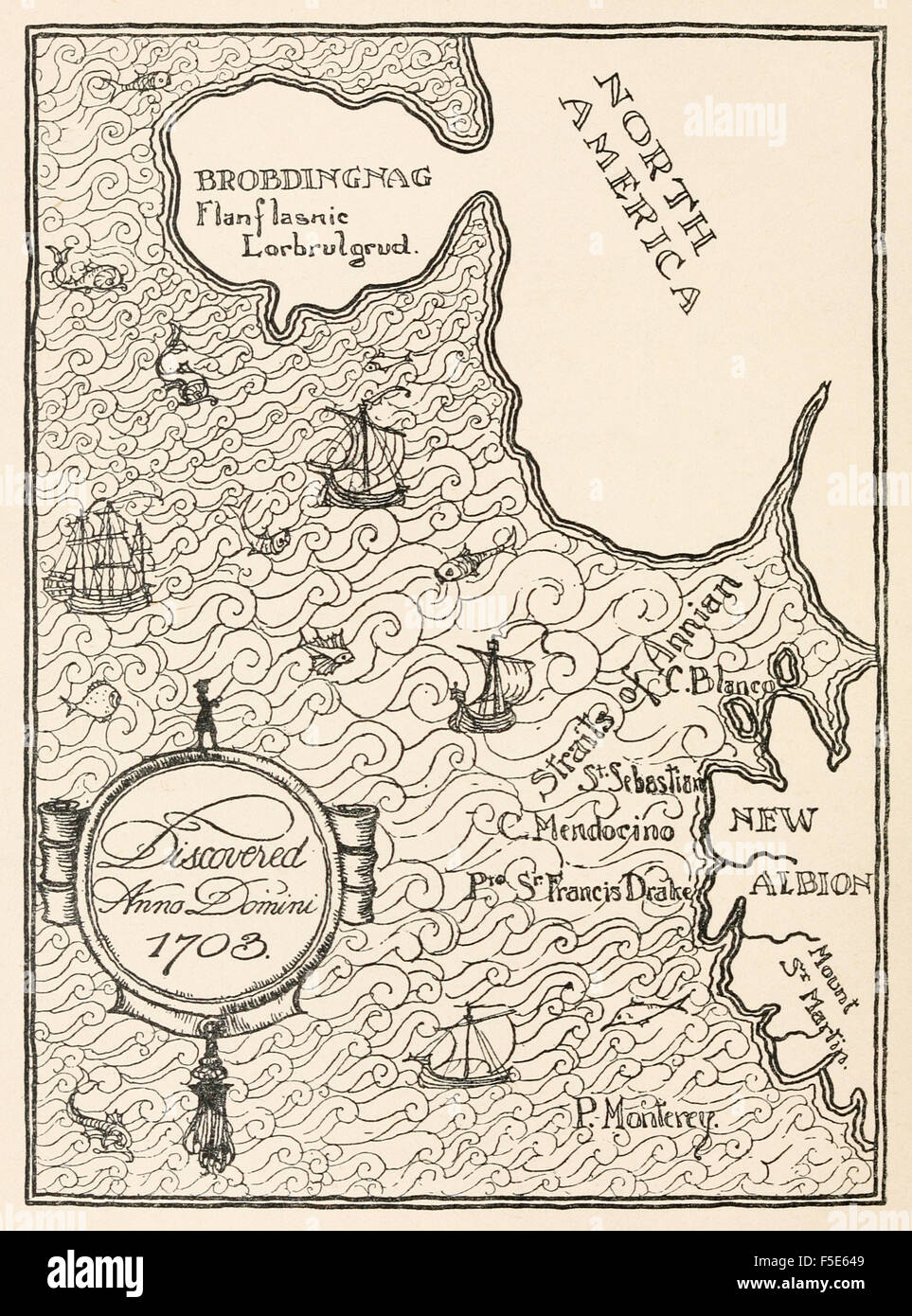 Karte von Brobdingnag, aus "Gullivers Reisen in Lilliput und Brobdingnag" von Jonathan Swift (1667-1745), Illustration von Percy Angelo Staynes (1879-1953). Siehe Beschreibung für mehr Informationen. Stockfoto