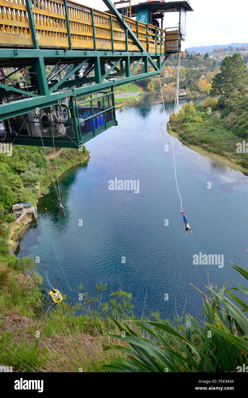 Person, die von der Gantry der Bungy Jump Company am Waikato River in der Nähe des Lake Taupo, Neuseeland, fällt Stockfoto
