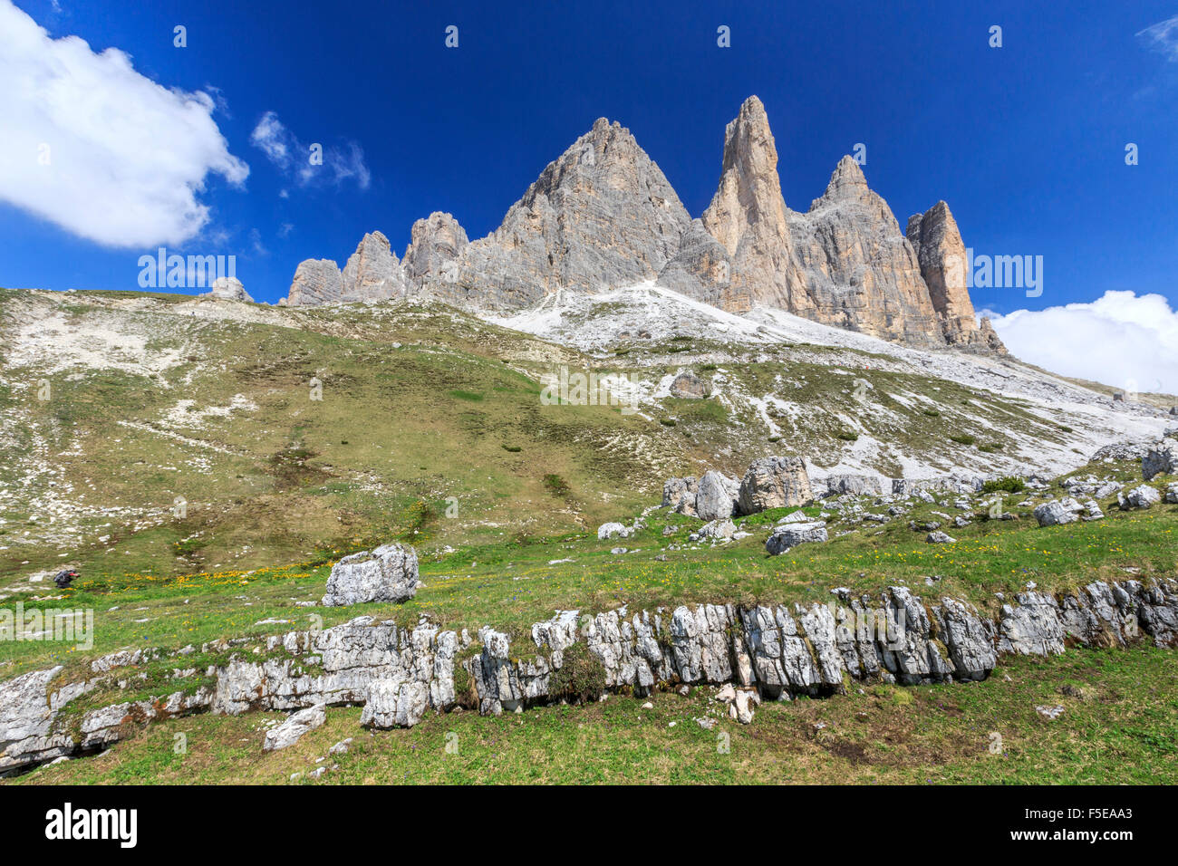 Blick auf die drei Zinnen von Lavaredo an einem Sommertag, Sexten, Dolomiten, Trentino-Alto Adige, Italien, Europa Stockfoto