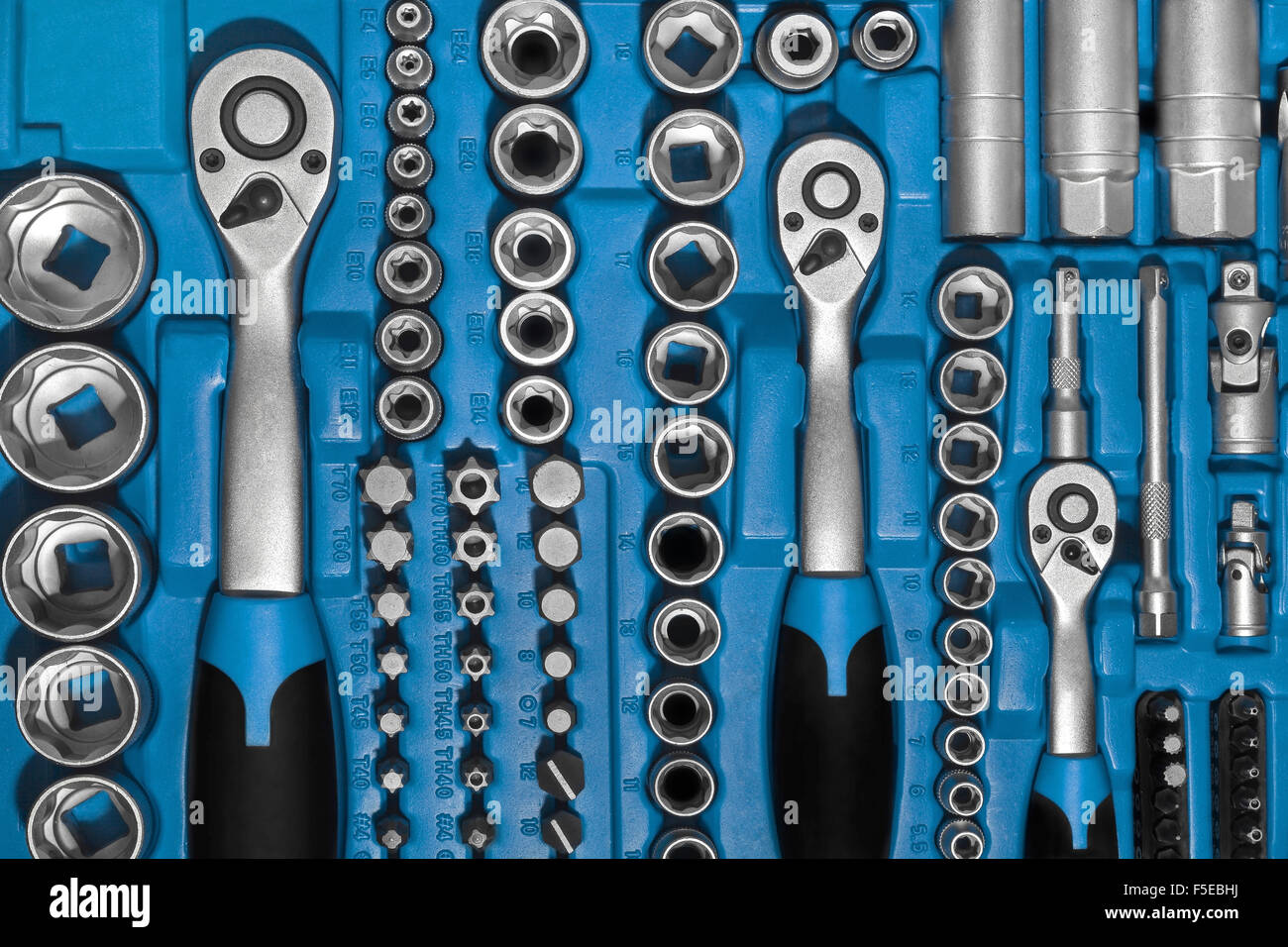 Toolbox festlegen Closeup Werkzeuginstallationssatz Stockfoto