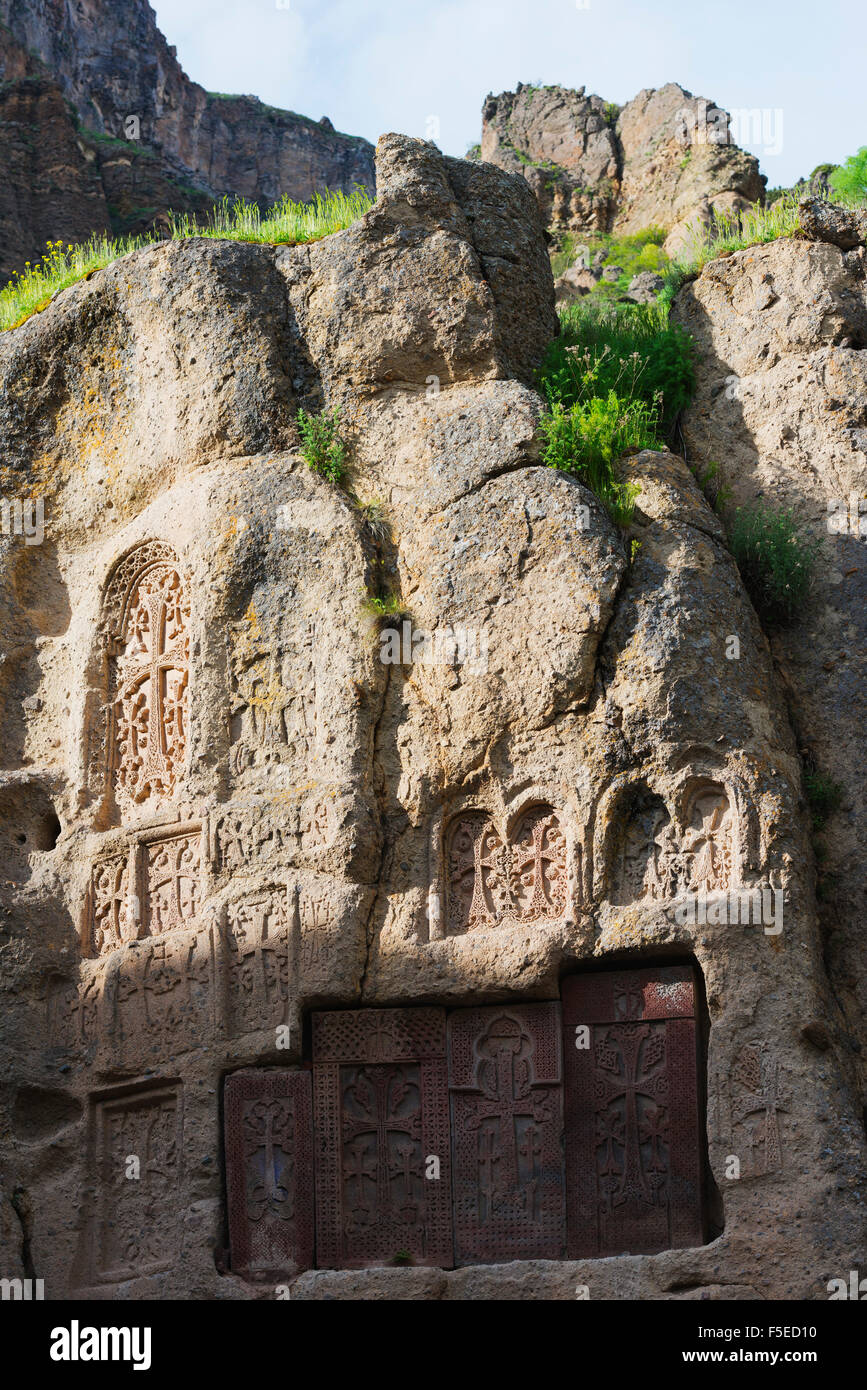 Khachkar kreuzt, Geghard-Kloster, UNESCO-Weltkulturerbe, Kotayk Provinz, Armenien, Kaukasus, Zentralasien, Asien Stockfoto