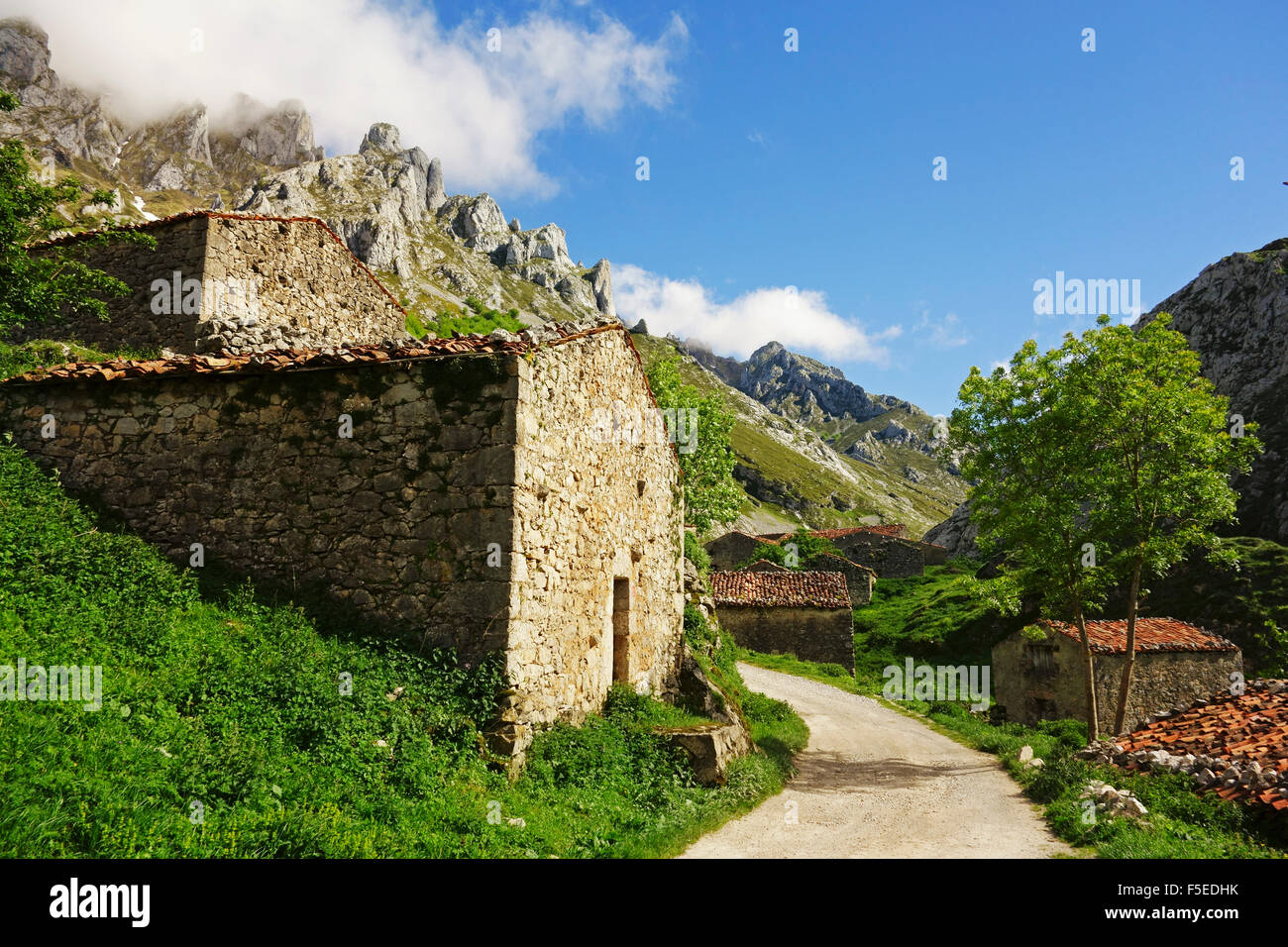 Alte Bauernhäuser in der Nähe von Sotres, Picos de Europa, Parque Nacional de Los Picos de Europa, Asturien, Kantabrien, Spanien, Europa Stockfoto