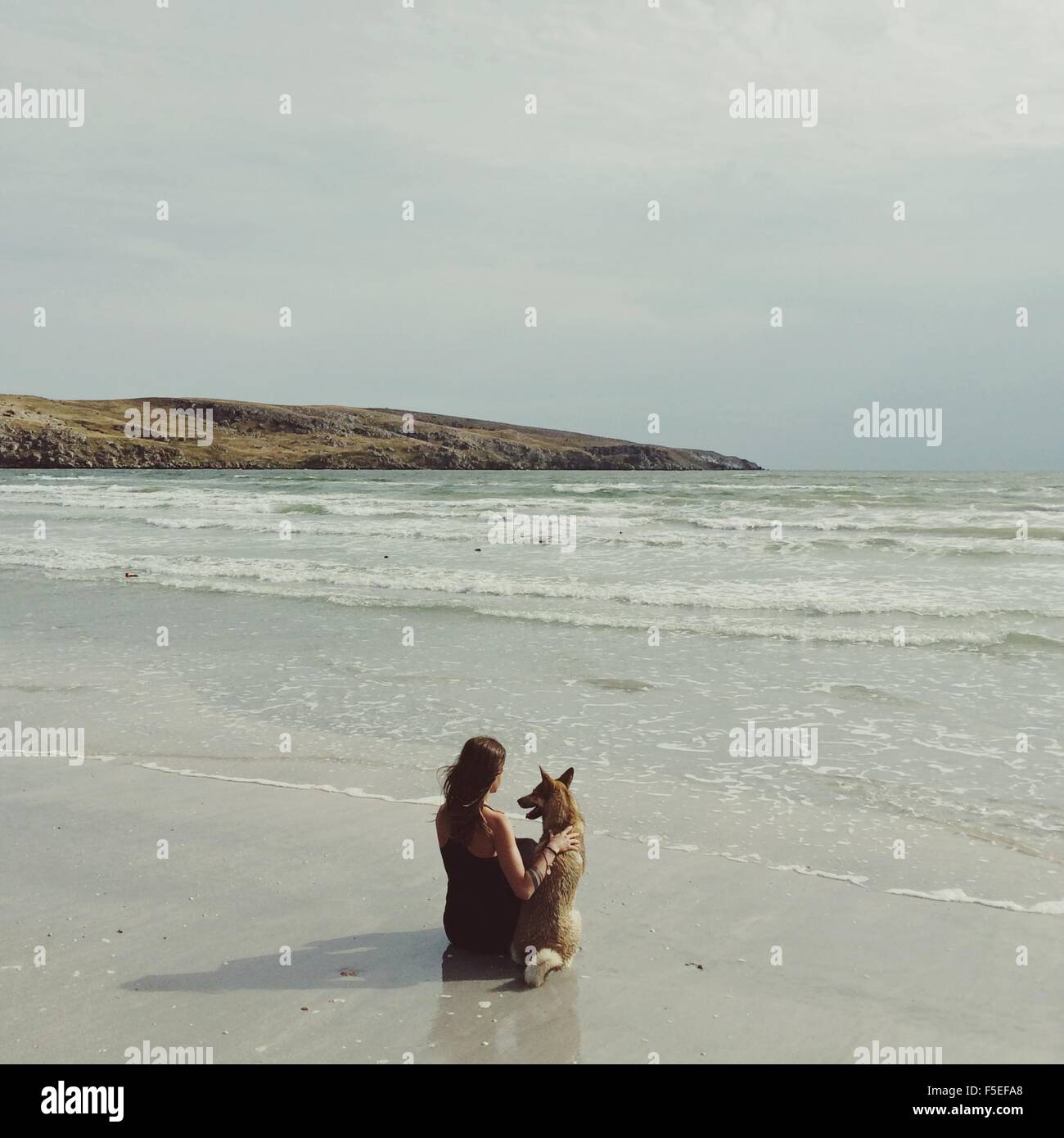 Frau sitzt am Strand umarmt ihr Hund Stockfoto
