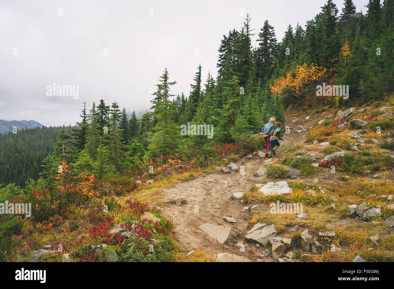 Zwei jungen, die zu Fuß auf einem Bergpfad Stockfoto