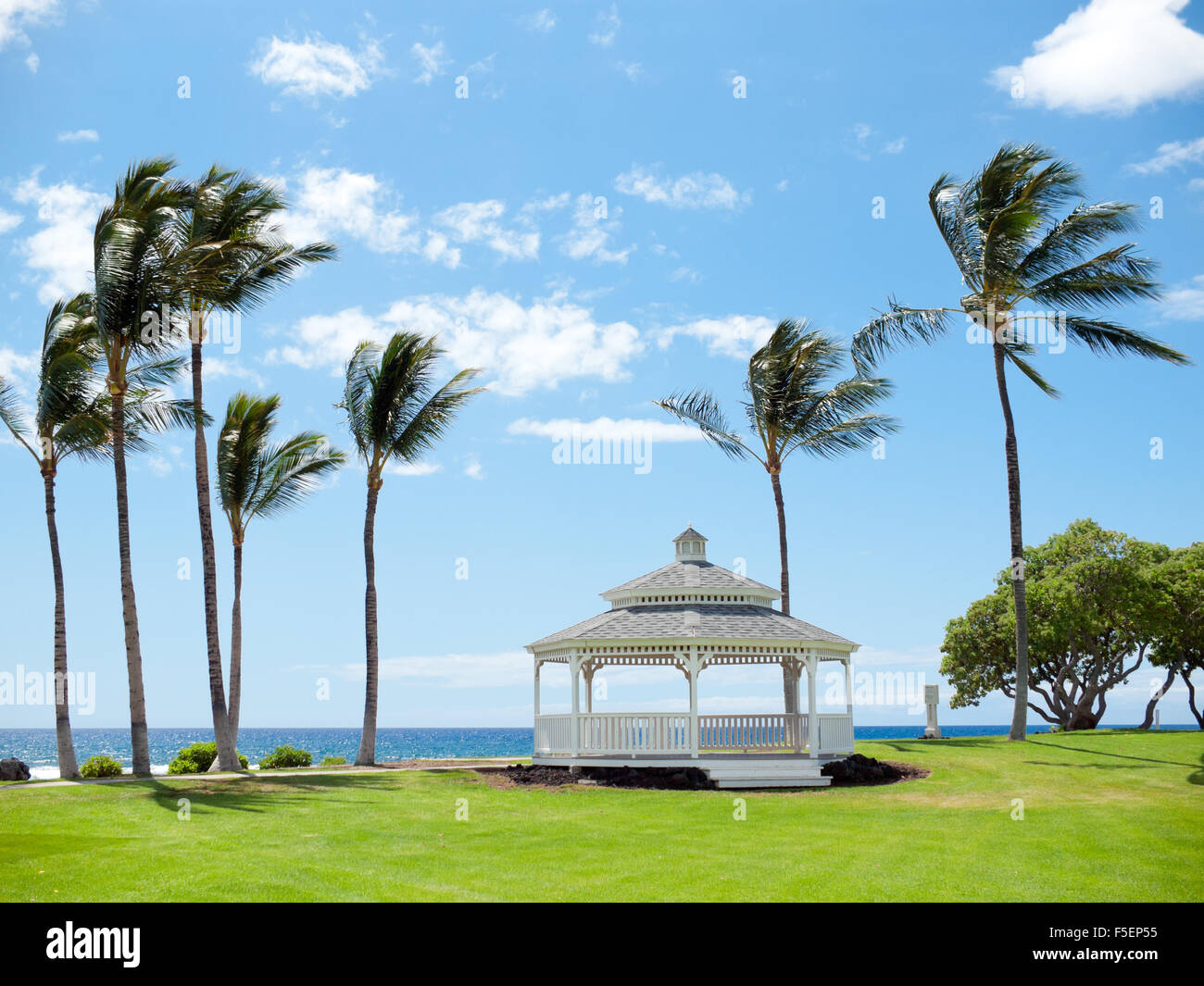 Die Schildkröte Pointe Pavillon, luftigen Kokosnuss-Palmen und den Pazifischen Ozean im Fairmont Orchid auf der Kohala Coast, Hawai ' i. Stockfoto
