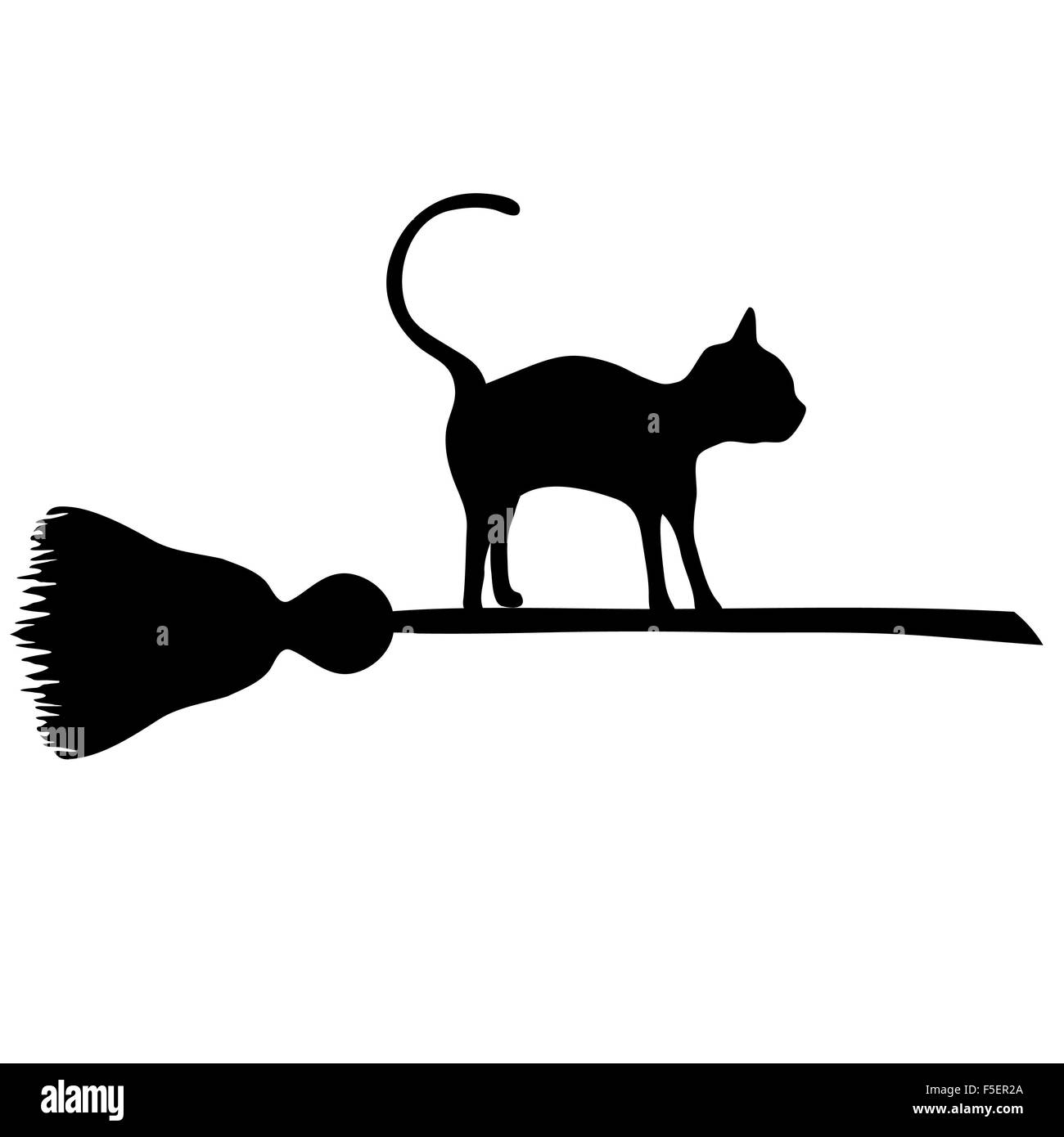 Schwarze Katze fliegen auf einem Besen. Vector Illustration zu Halloween. halloween Banner. Stockfoto
