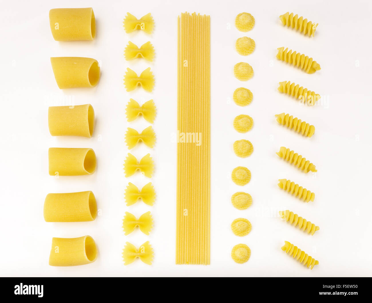 Italienische Pasta-Serie. Paccheri, Farfalle, Spaghetti, Orecchiette und Fusilli auf einer weißen Tischdecke. Stockfoto