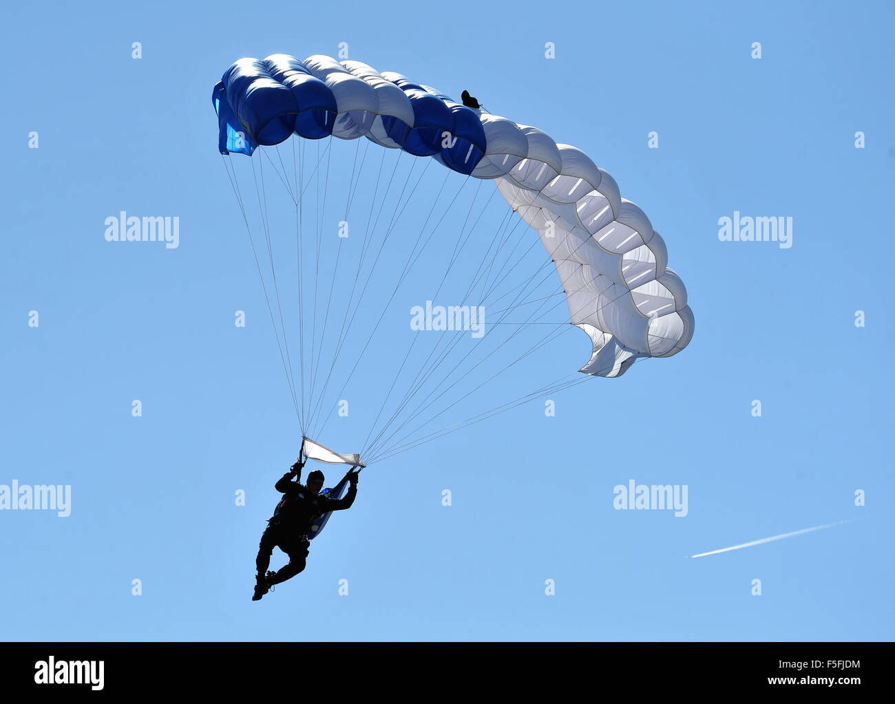 Fallschirmspringer in den tiefblauen Himmel. Stockfoto