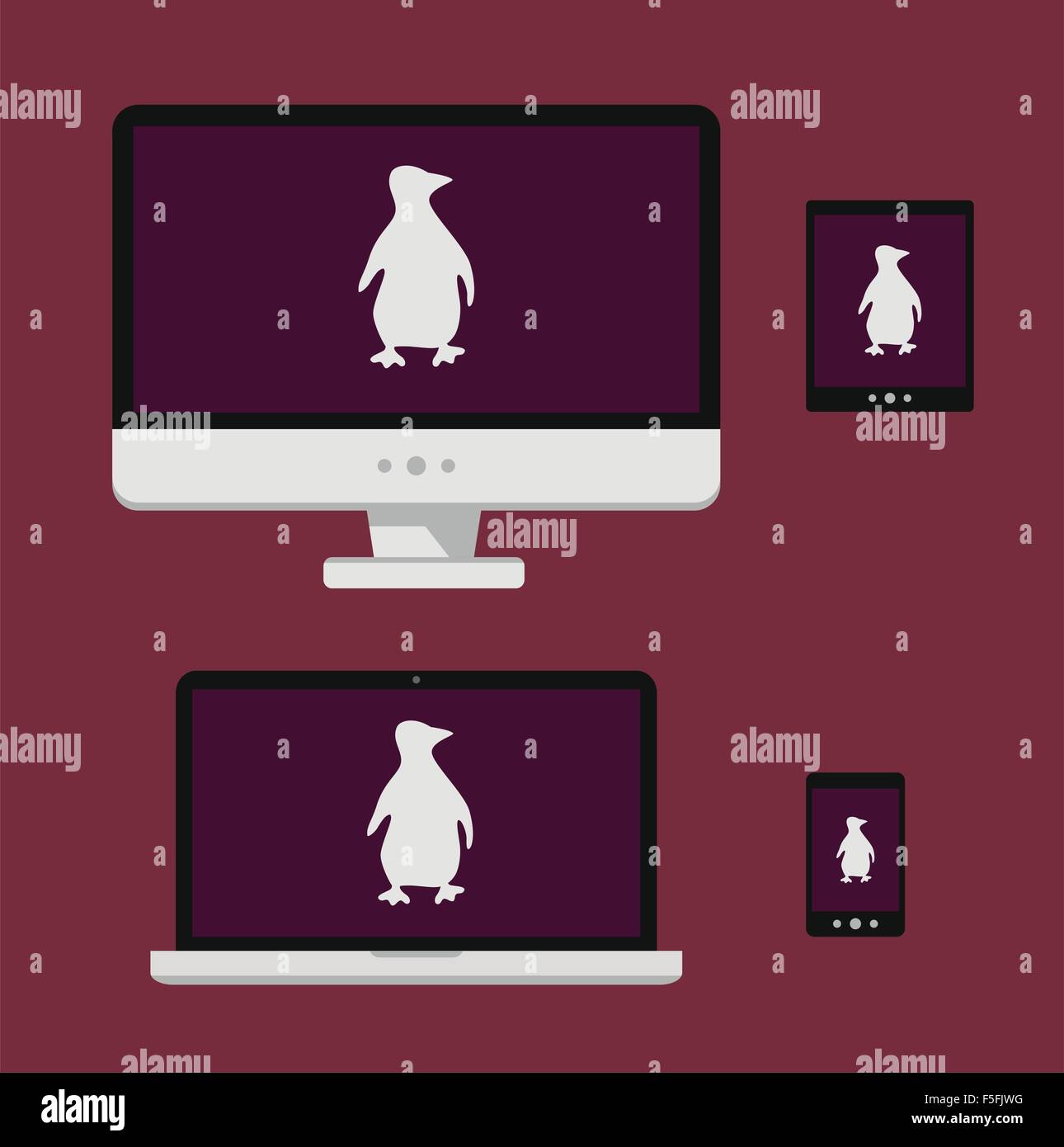 Vektor-Illustration-Laptop, Smartphone, Tablet, Computer-Bildschirm mit weißen Linux Pinguin silhouette Stock Vektor