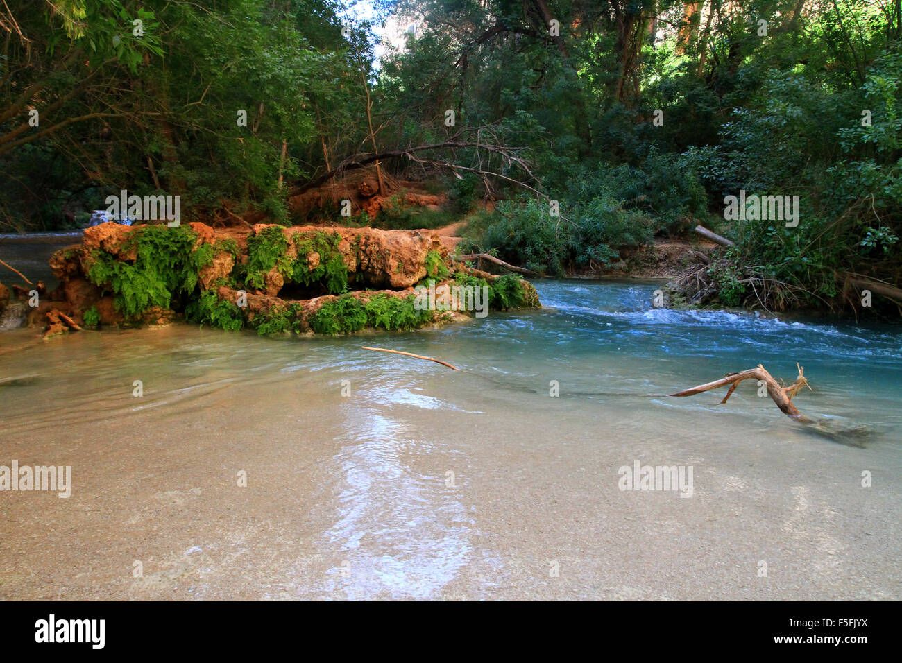 Majestätische Wasserfälle, blaue Wasser und die schöne Landschaft auf der Havasupai Indian Reservation in den Grand Canyon, Arizona, USA Stockfoto