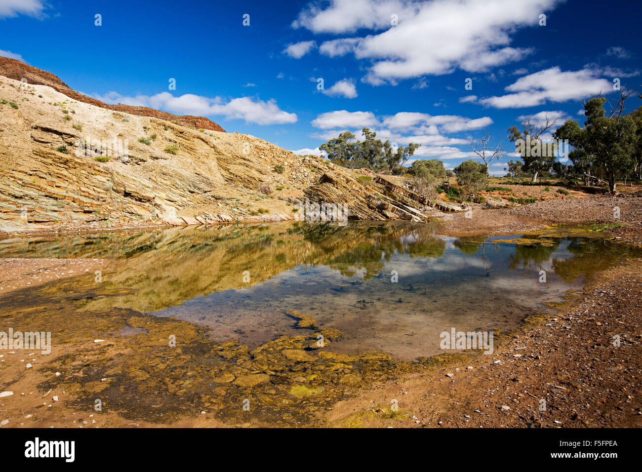 Kristallklaren Pool Wasser des Flusses Kammern mit blauem Himmel spiegelt sich in Spiegelfläche am Mount Kammern Schlucht in Flinders Ranges outback South Austr Stockfoto