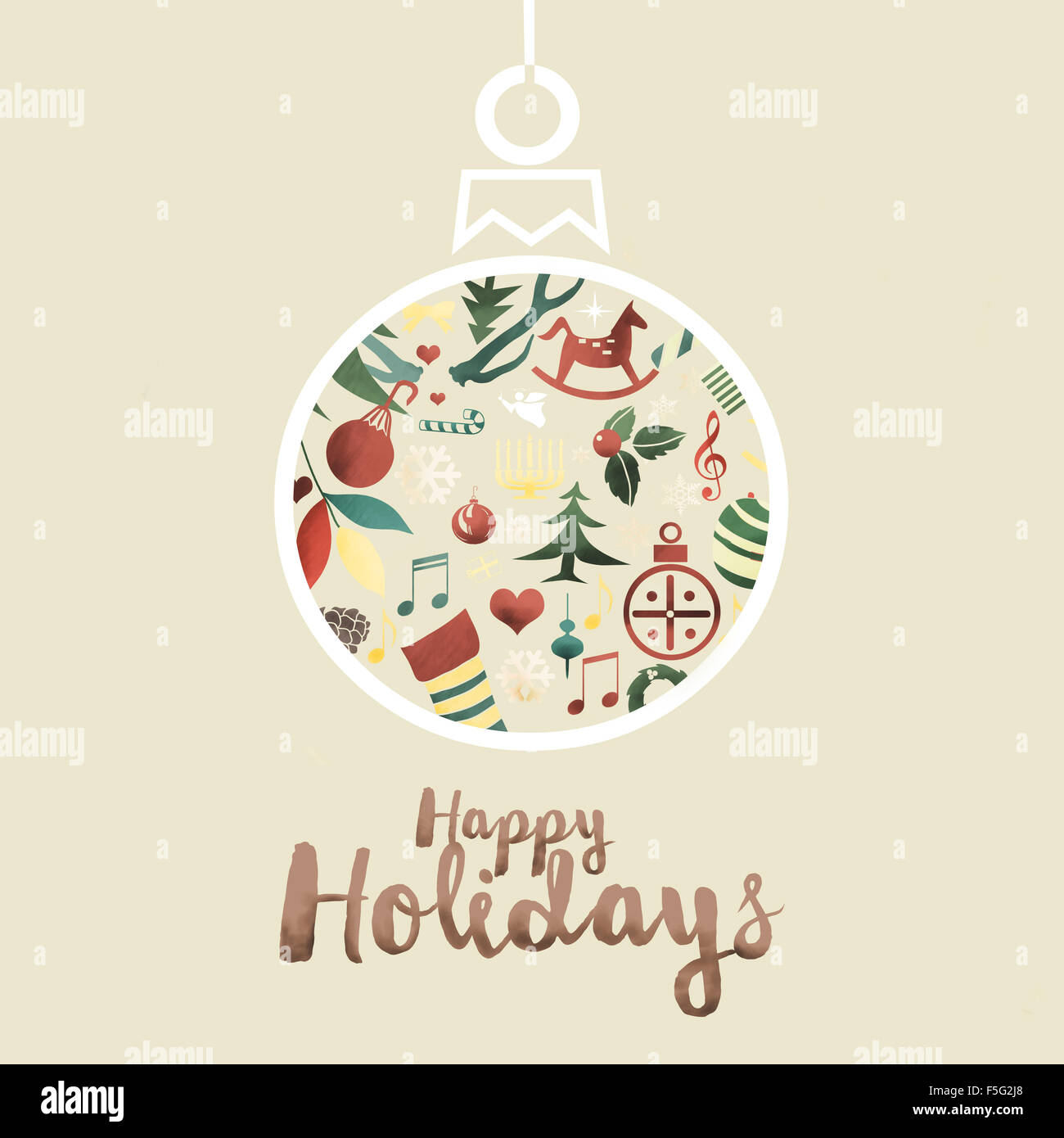 Glückliche Ferien Illustration mit einer Christbaumkugel Weihnachten Symbole. Stockfoto