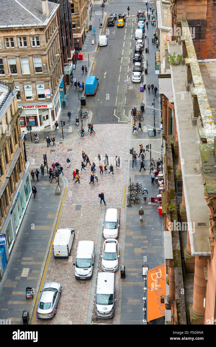Blick auf Mitchell Street und West Nile Street im Stadtzentrum von Glasgow, Schottland, Großbritannien vom Lighthouse Tower Stockfoto