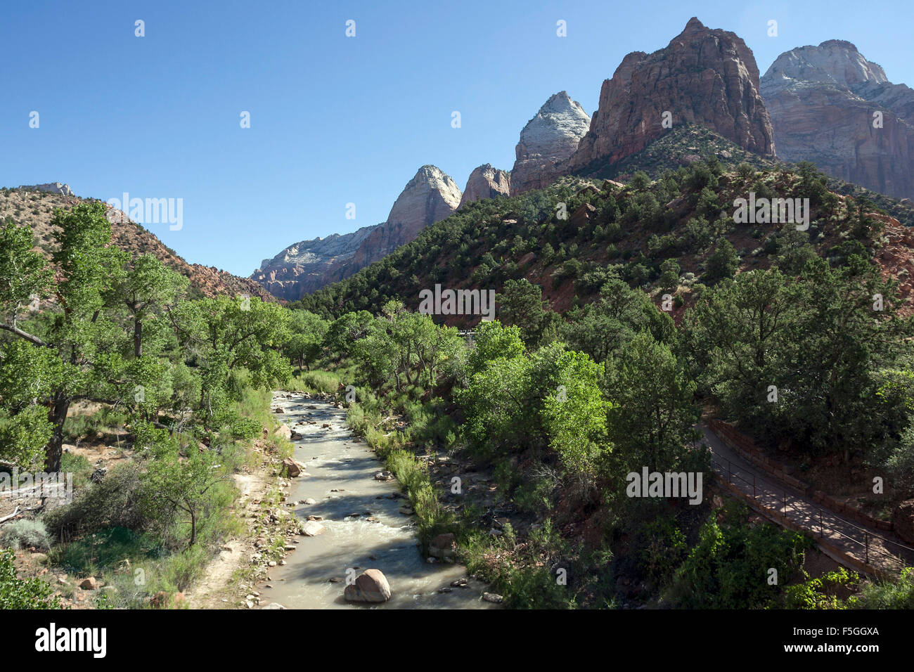 Blick Richtung North Fork Virgin River Valley und Zion Canyon von Canyon Junction, Zion Nationalpark, Utah, USA Stockfoto