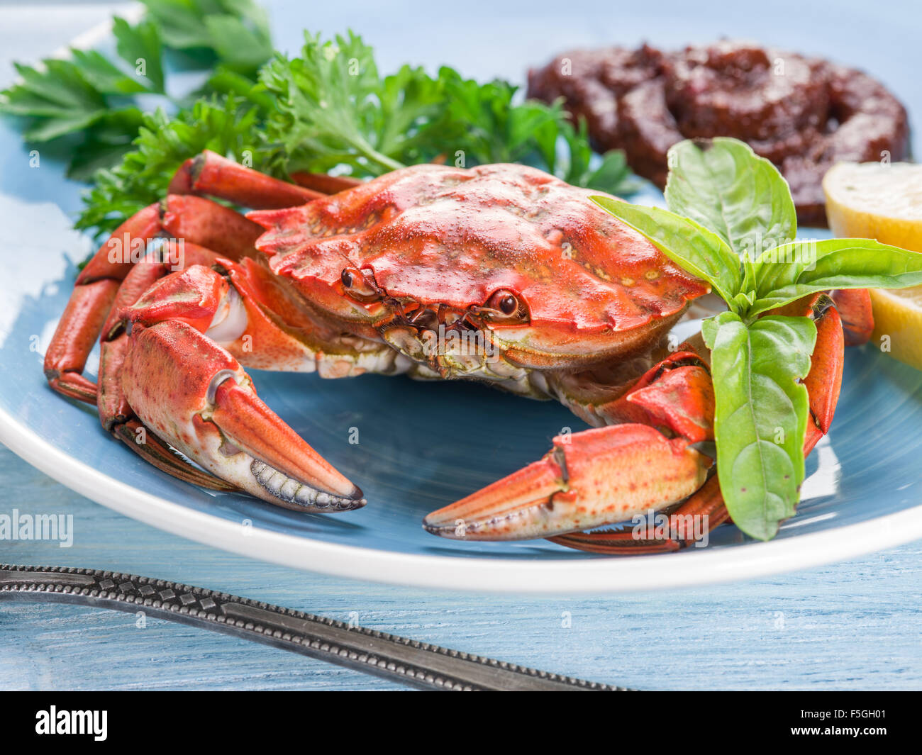 Fischgericht - Krabben mit Zitrone und Kräutern gekocht. Stockfoto