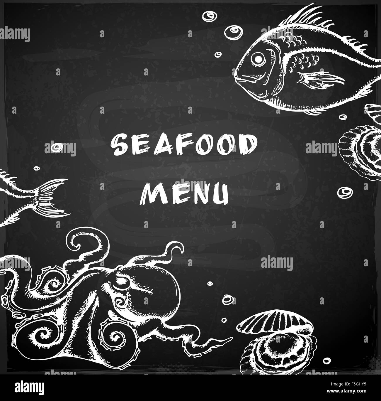 Vintage Hand gezeichnete Meeresfrüchte-Menü auf einer Kreidetafel Stockfoto