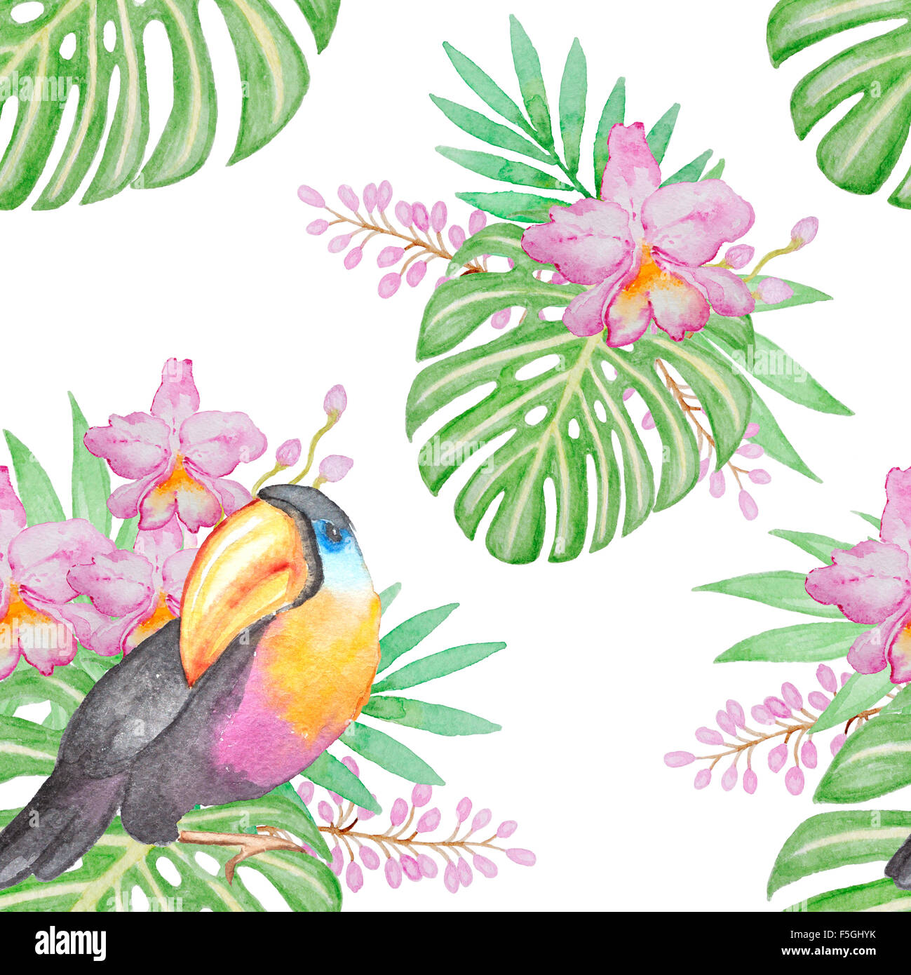 Aquarell Musterdesign mit tropischer Vögel und Blumen Stockfoto