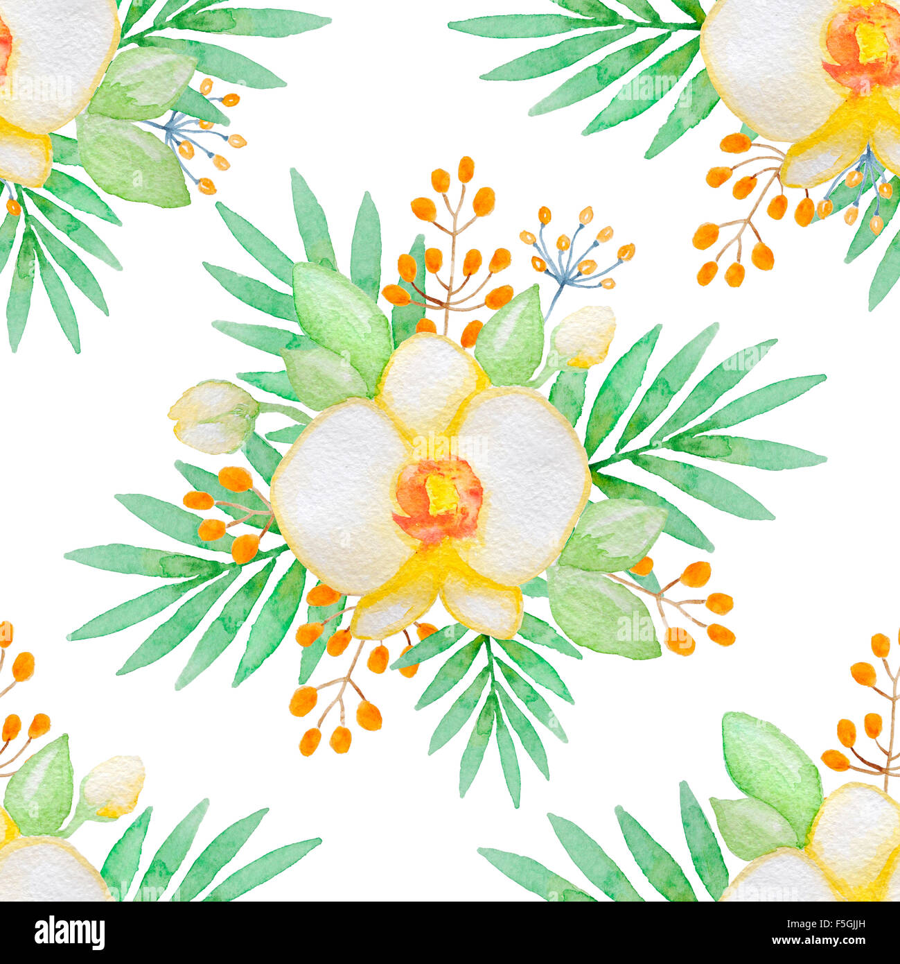 Aquarell Musterdesign gelbe Orchideen mit grünen Blättern Stockfoto