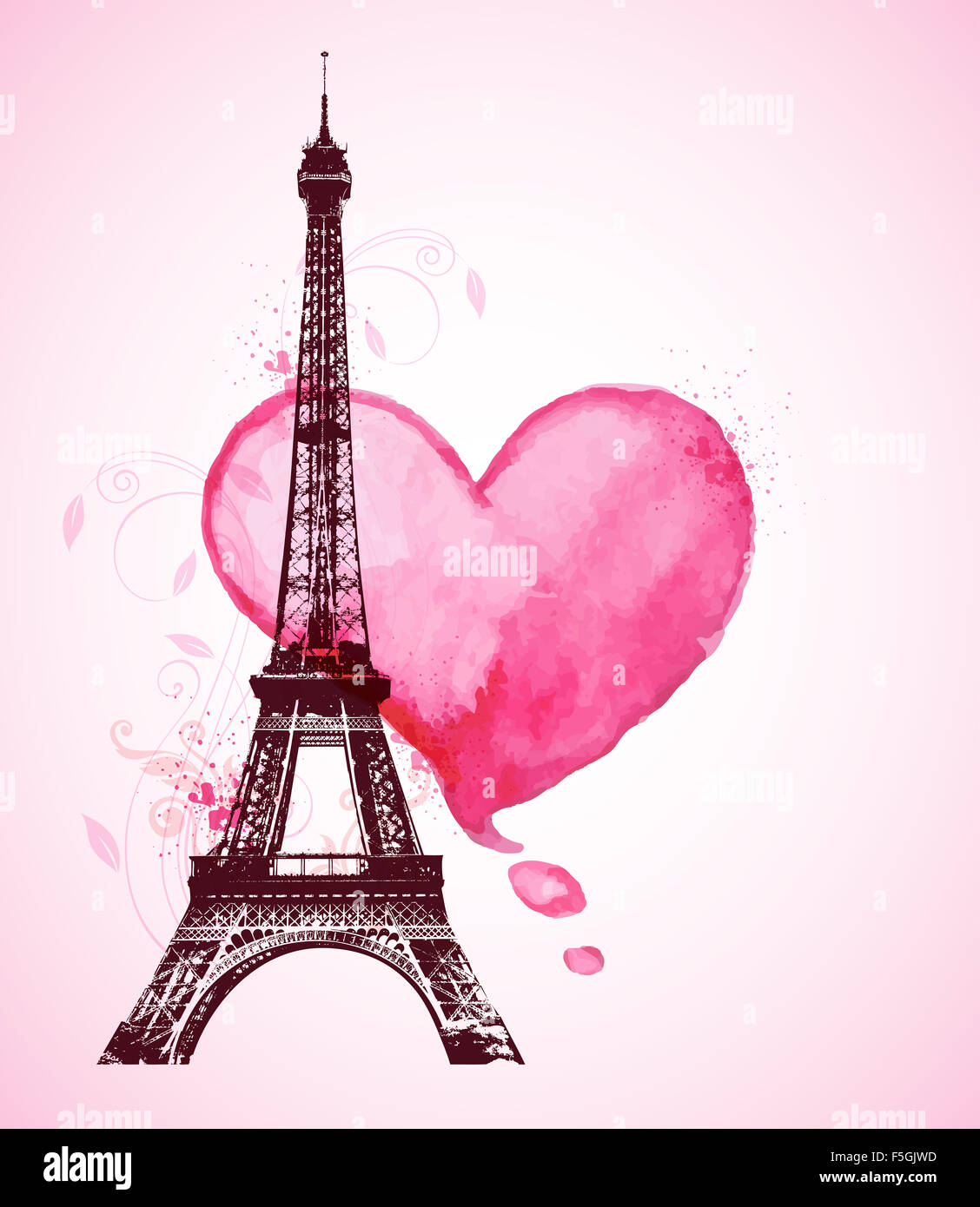 Romantischer Valentinstag Hintergrund mit roten Aquarell Herz und Eiffelturm Stockfoto