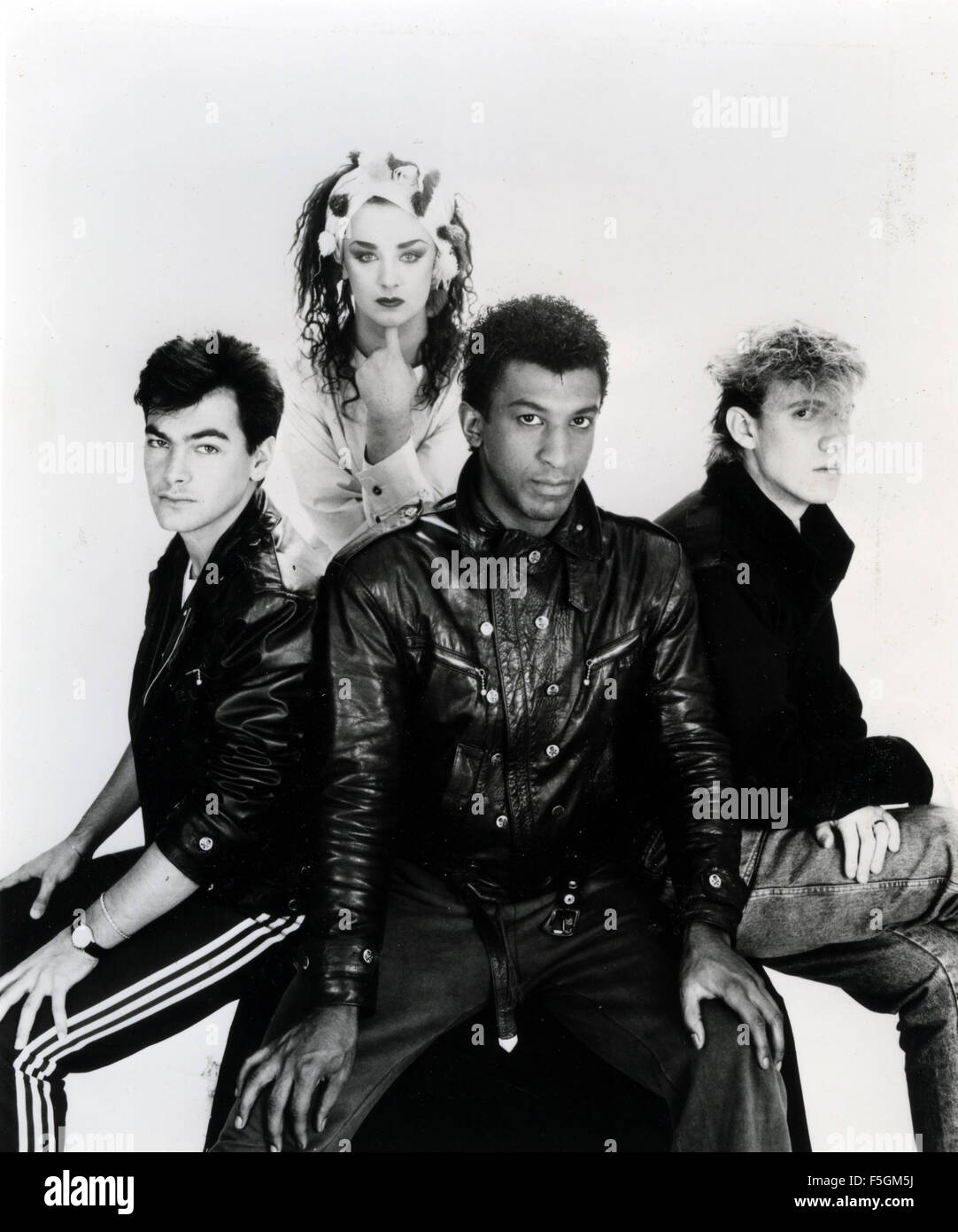 CULTURE CLUB Promo-Foto der englischen pop-Gruppe über 1982. Von links: Jon Moss, Boy George, Mickey Craig, Roy Hay Stockfoto