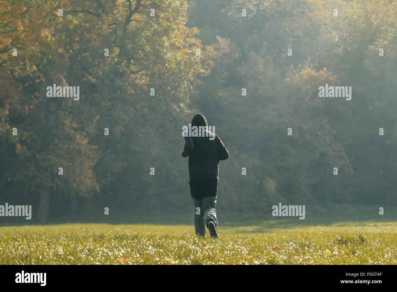 Vermummte Mann Joggen im Park im frühen Herbstmorgen, Sport, Erholung und gesunden Lifestyle-Konzept, Retro-getönten Bild mit Stockfoto