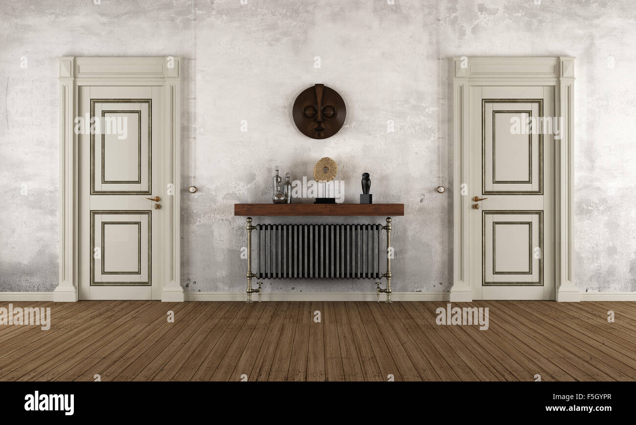 Vintage Zimmer mit zwei klassischen Türen und Retro-Heizkörper - 3D Rendering Stockfoto