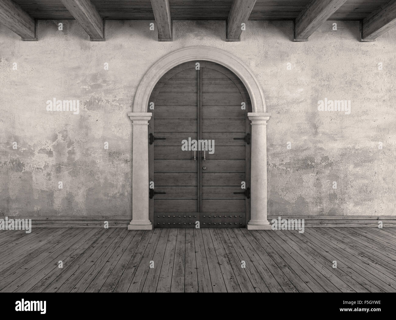 schwarz / weiß Grunge Interieur mit alten Tür-3D Rendering Stockfoto