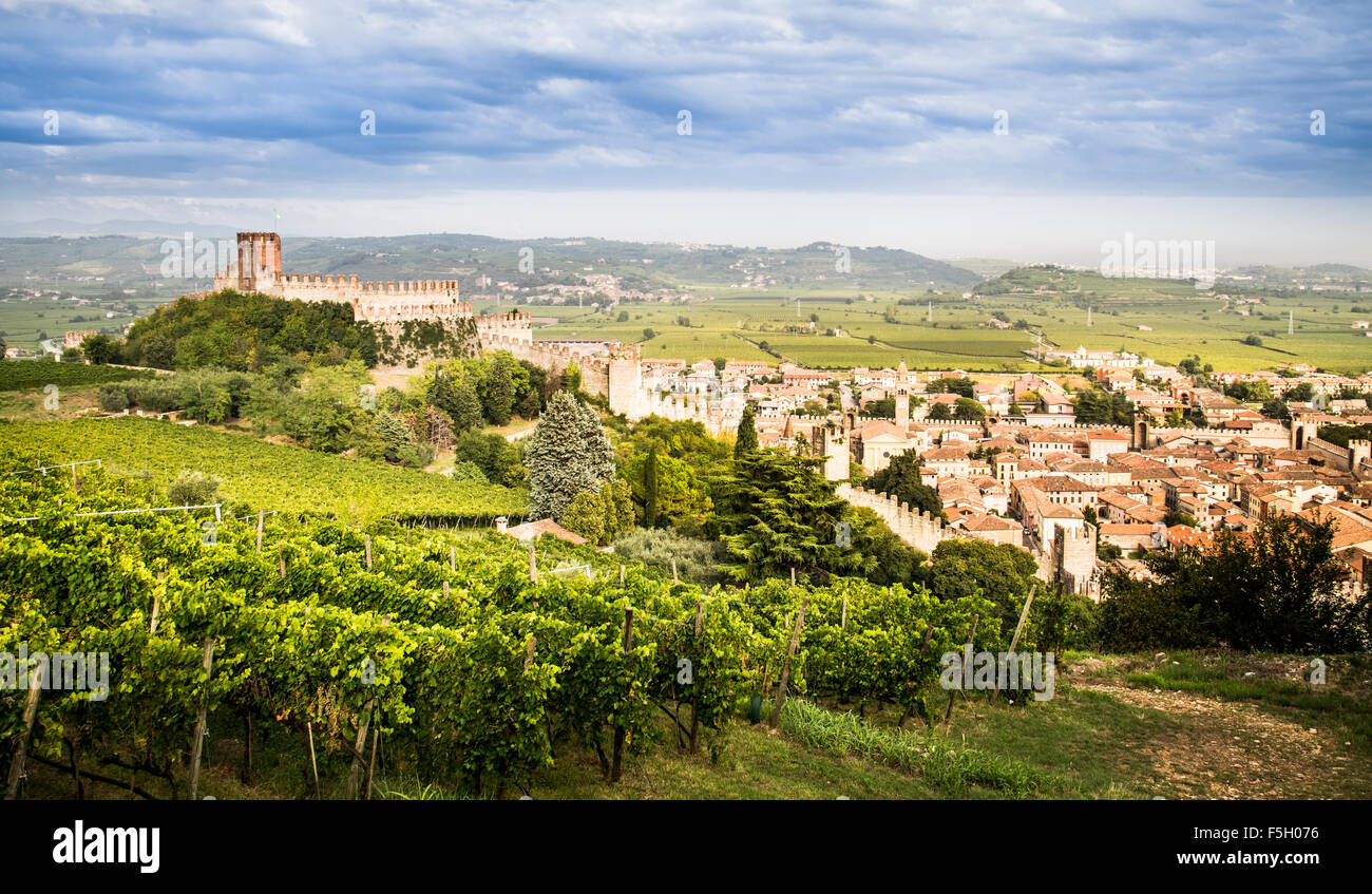 Ansicht von Soave (Italien), umgeben von Weinbergen, die eines der beliebtesten italienischen Weißweine und seine berühmten Medie produzieren Stockfoto