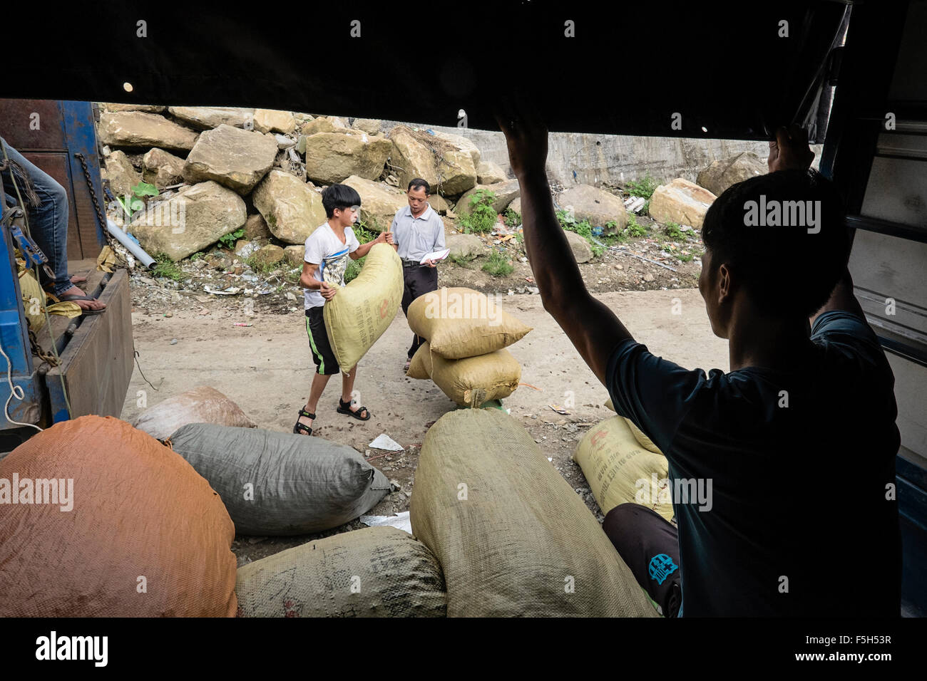 Männer vom Stamm der roten Dao, wiegen und Stapel Säcke Kardamomsamen im Dorf Ban Khoang, Lao Cai Provinz in Vietnam Stockfoto