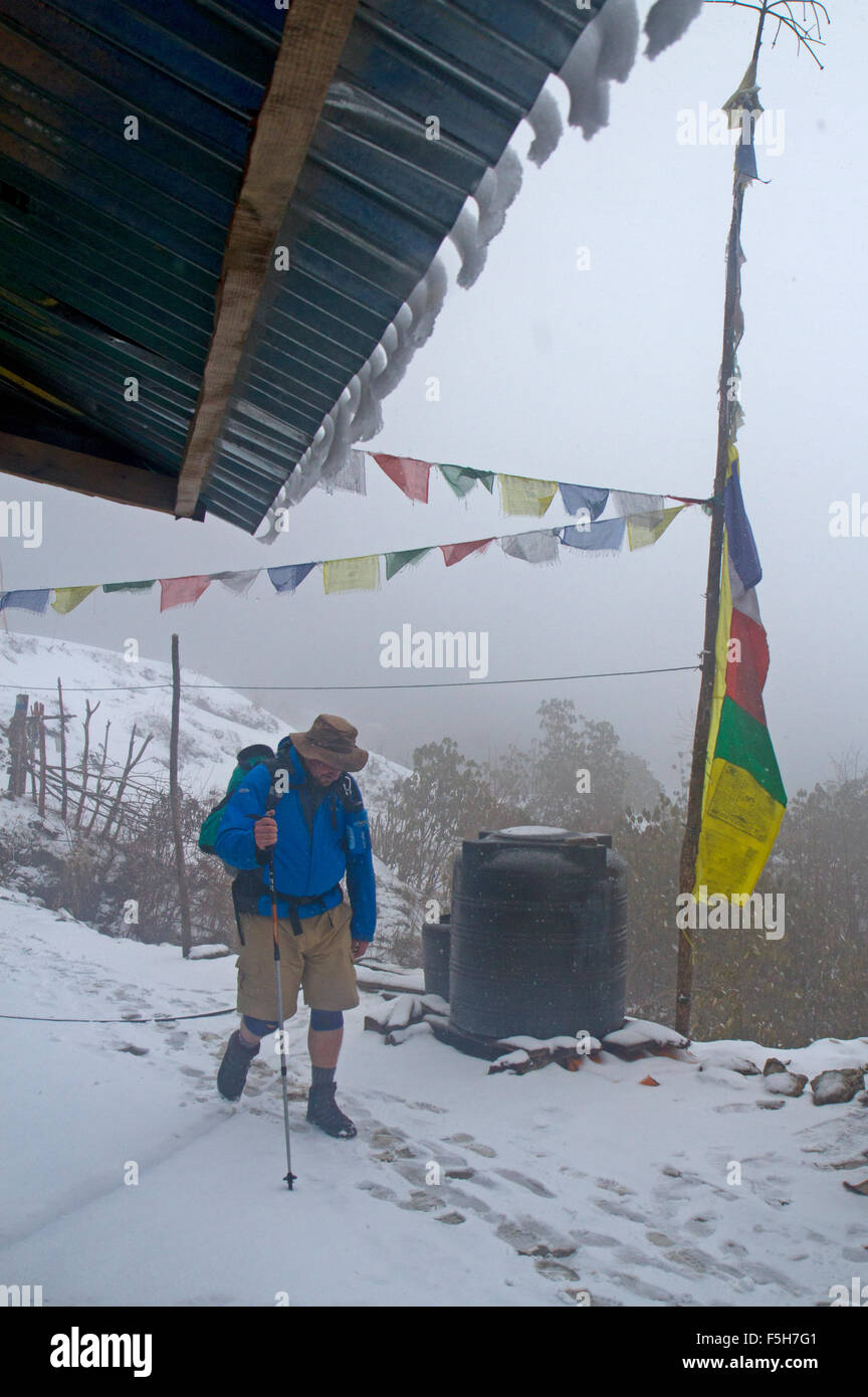 Trekking durch den Schnee in den Annapurnas Stockfoto