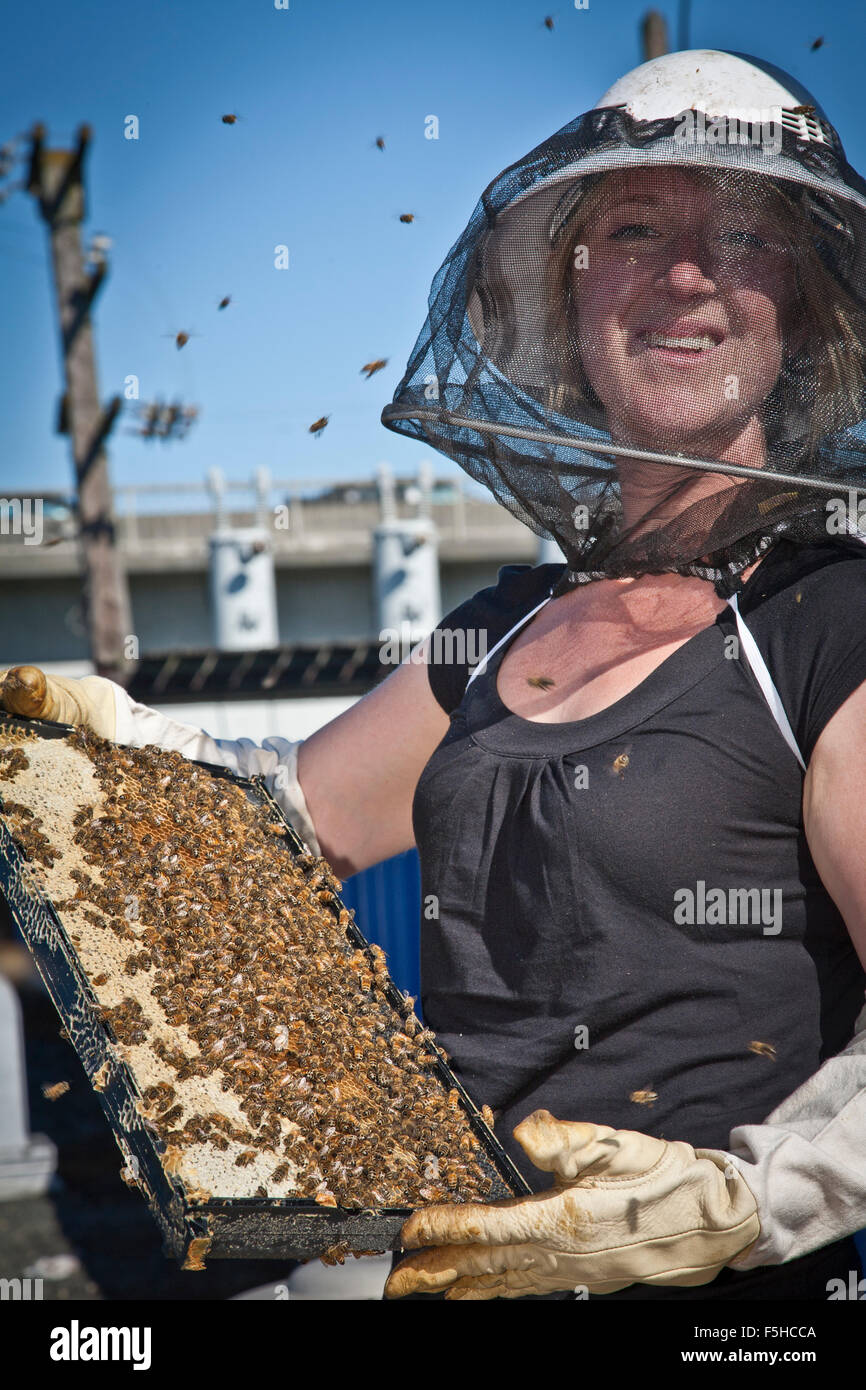 lächelnde junge Frau Imker mit Bienen Hut hält einen Rahmen mit Bienen Stockfoto
