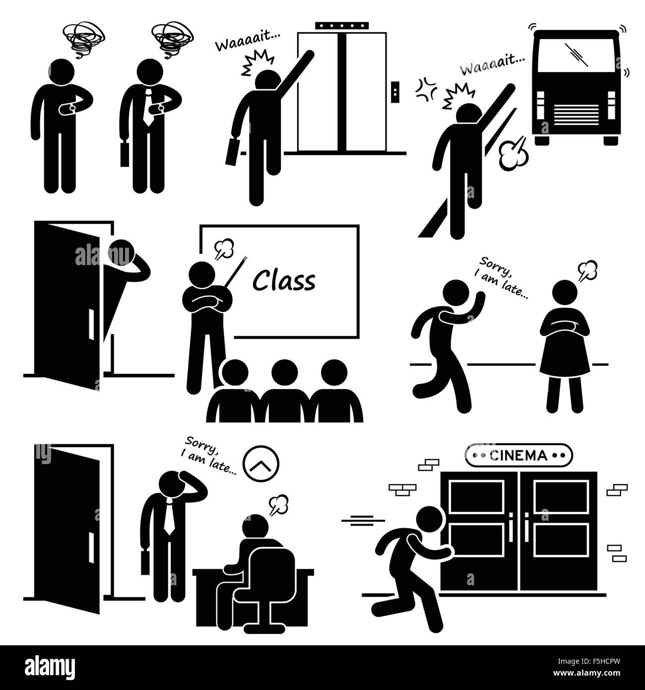 Spät und rauschenden für Aufzug, Bus, Klasse, Datum, Job-Interview und Film Kino Strichmännchen Piktogramm Symbole Stock Vektor